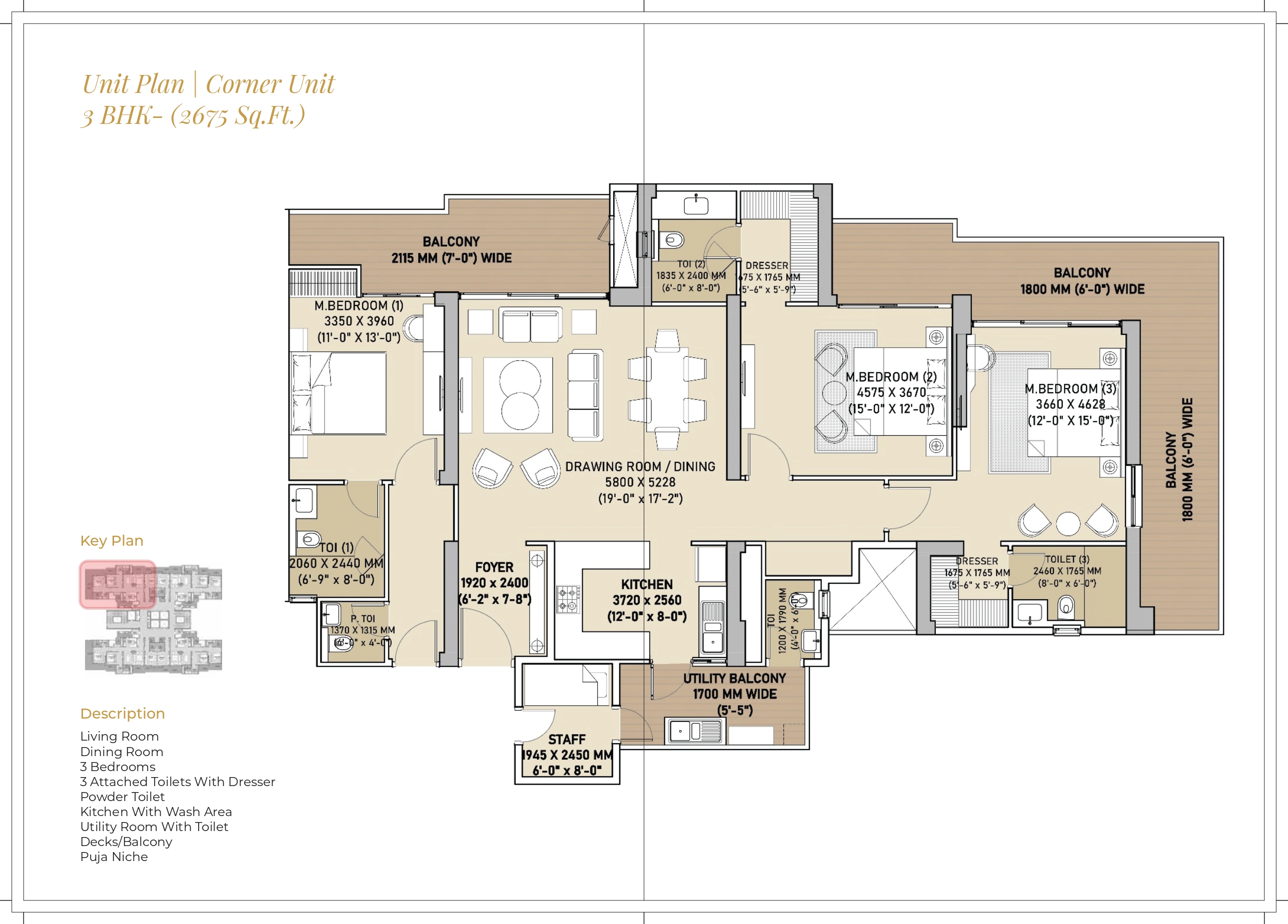 3 BHK floor plan variation 1