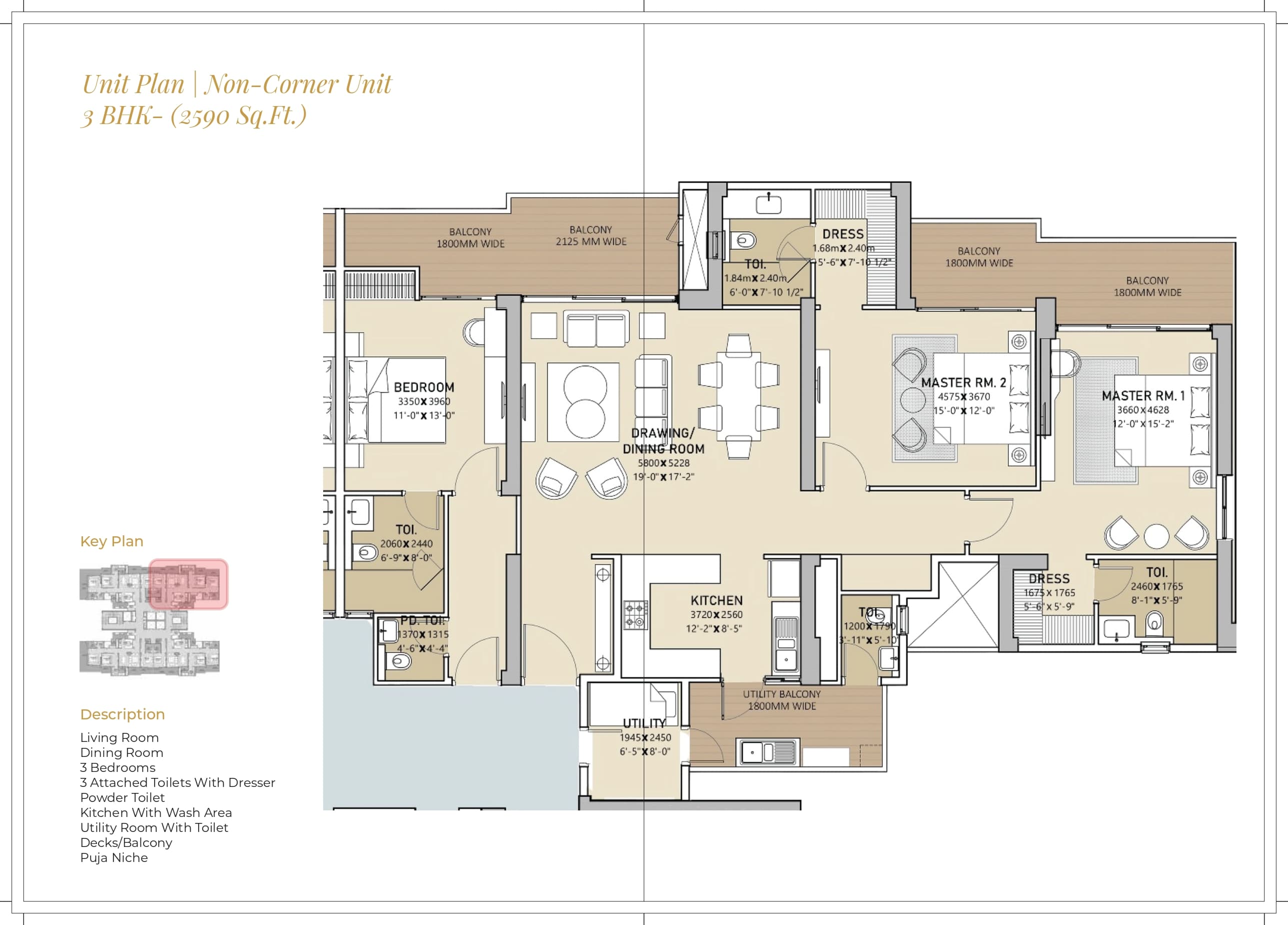 3 BHK floor plan variation 2
