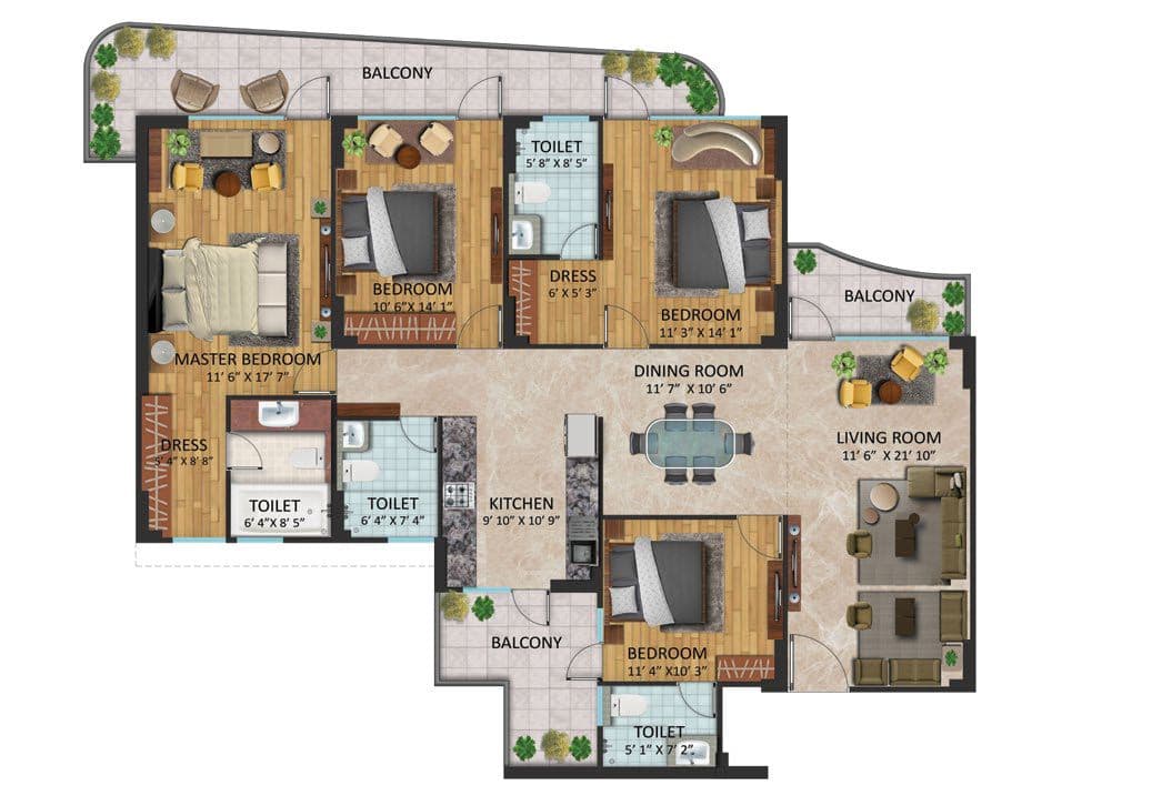 4 BHK floor plan variation 1