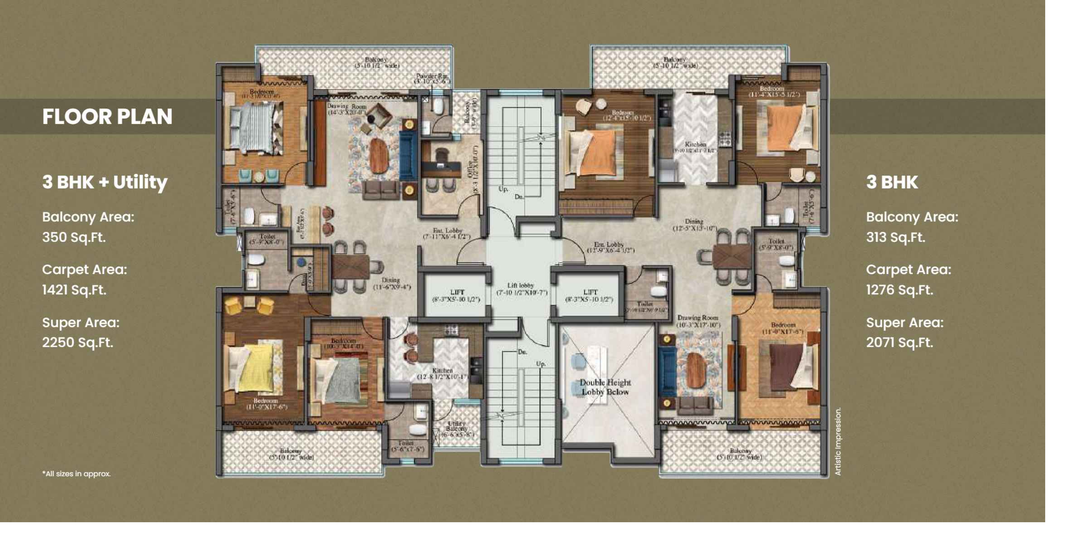 3 BHK floor plan variation 2