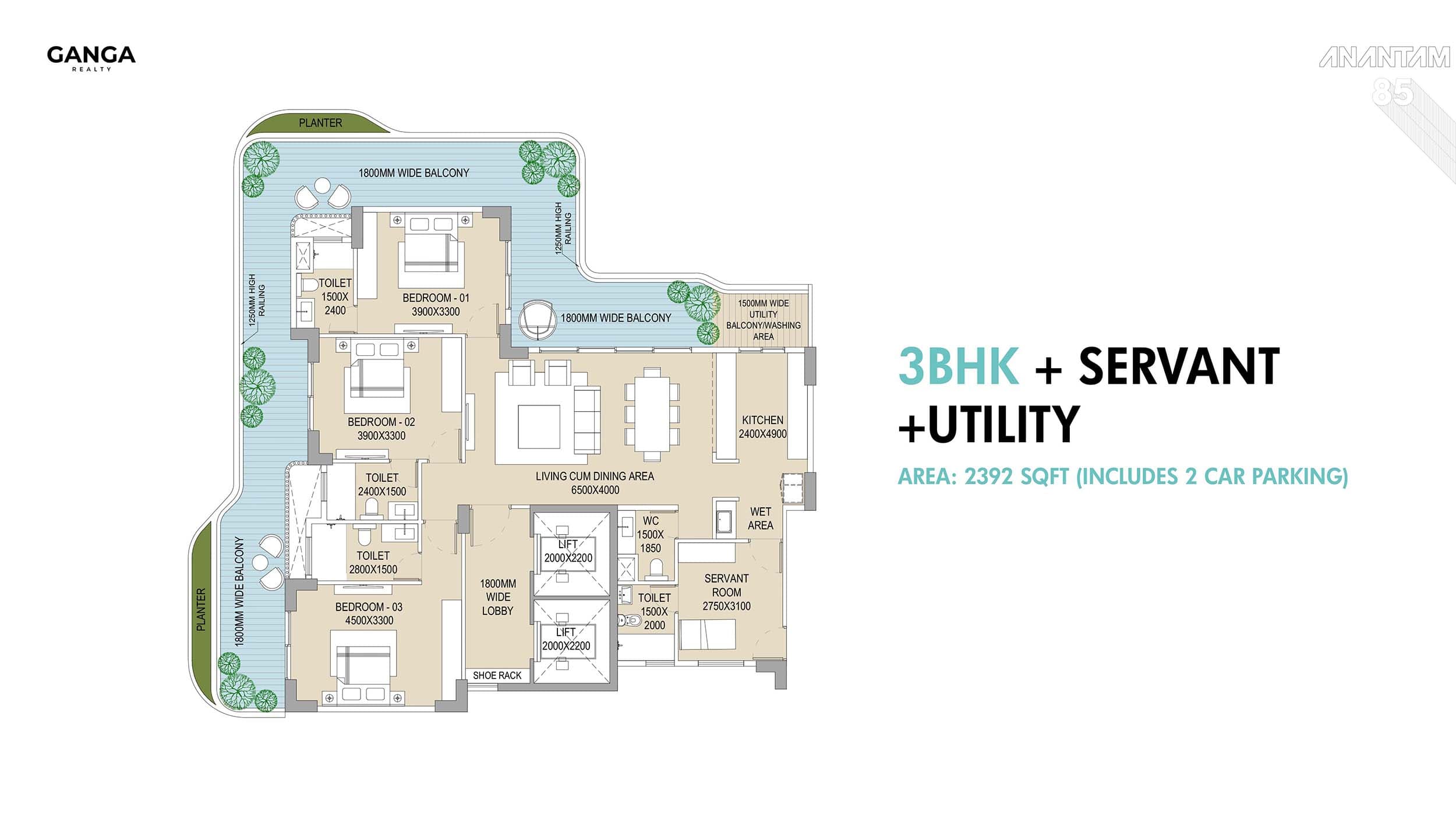 3 BHK floor plan variation 1