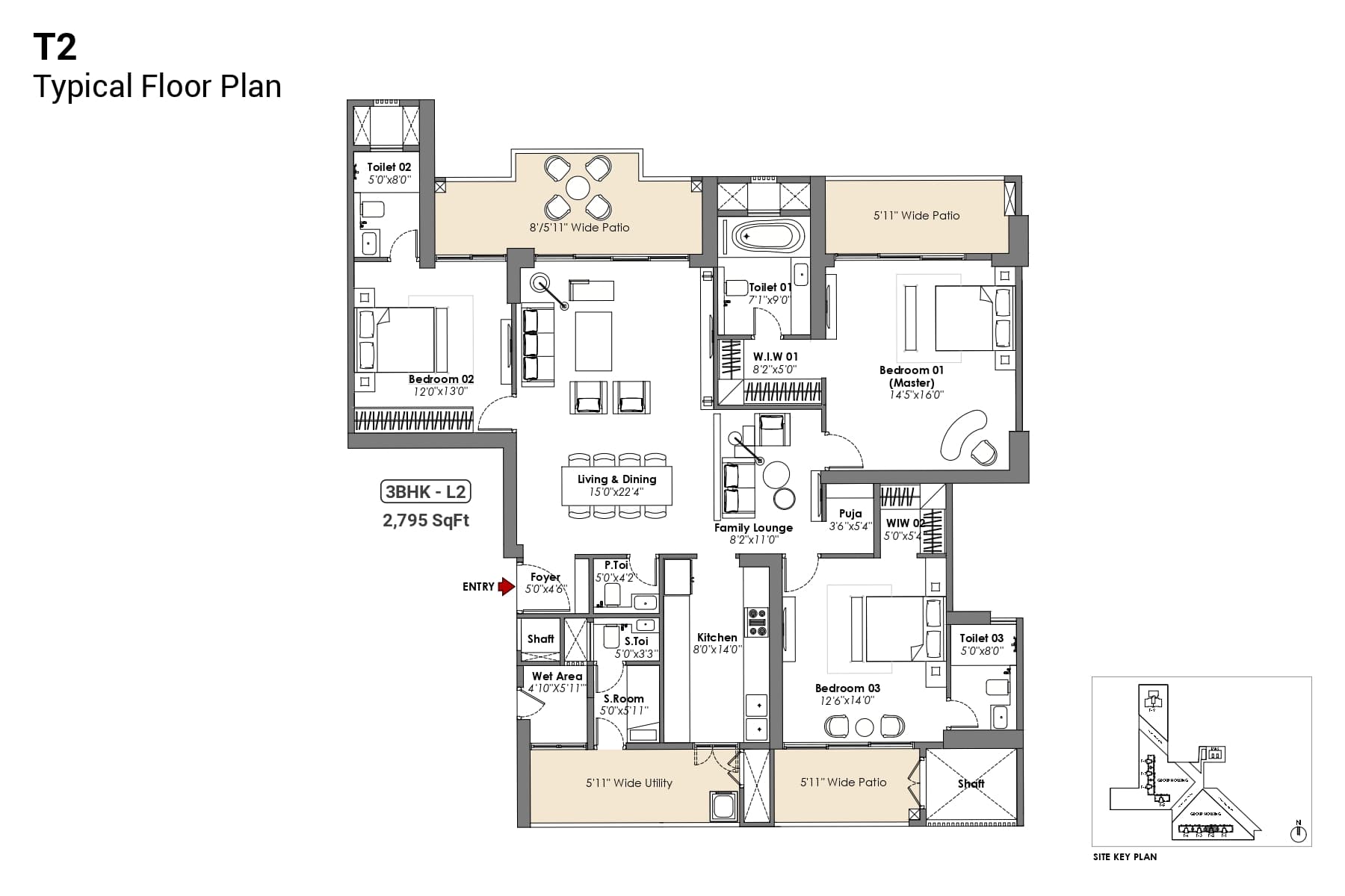 3 BHK floor plan variation 1
