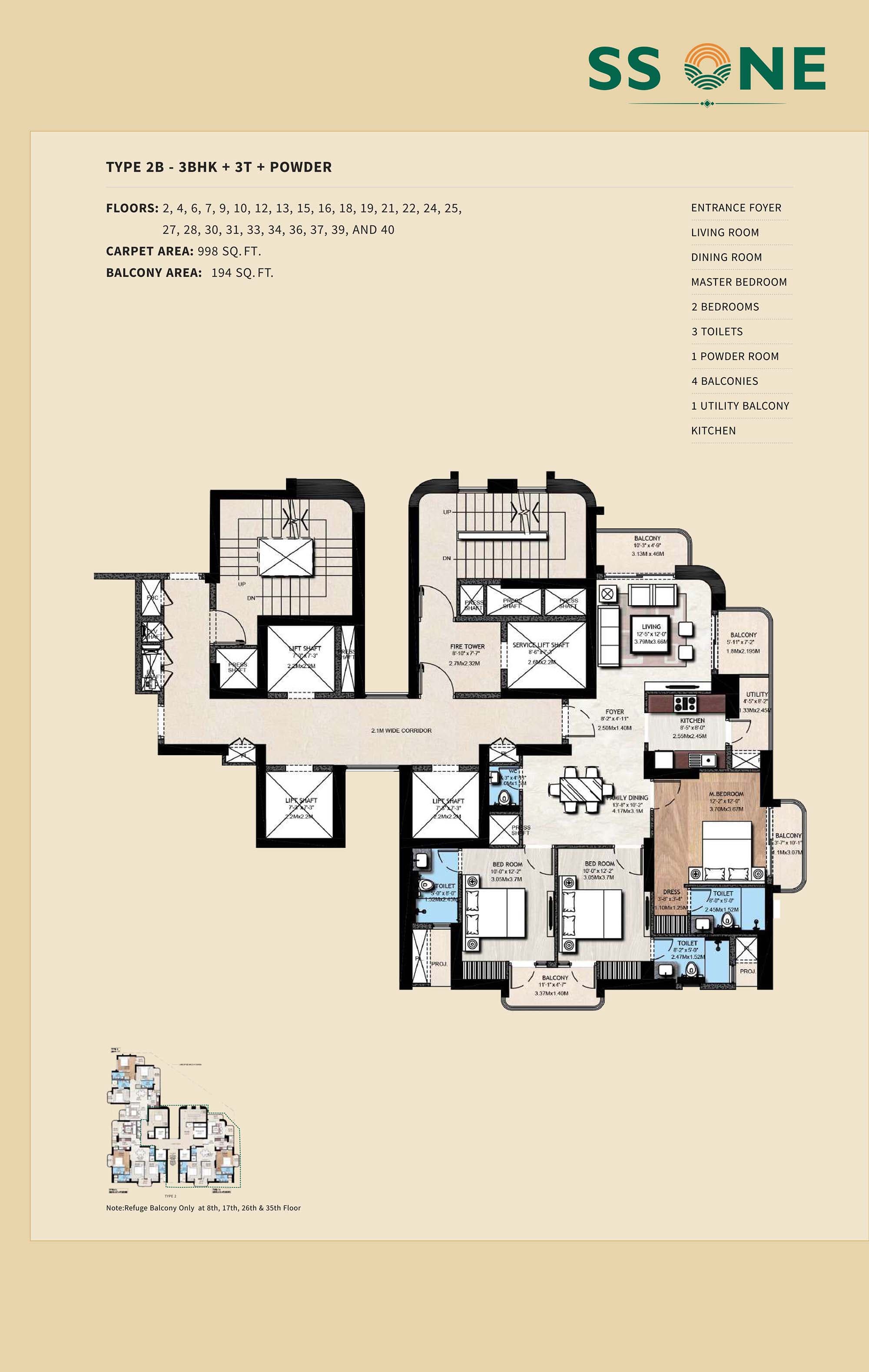 3 BHK floor plan variation 2