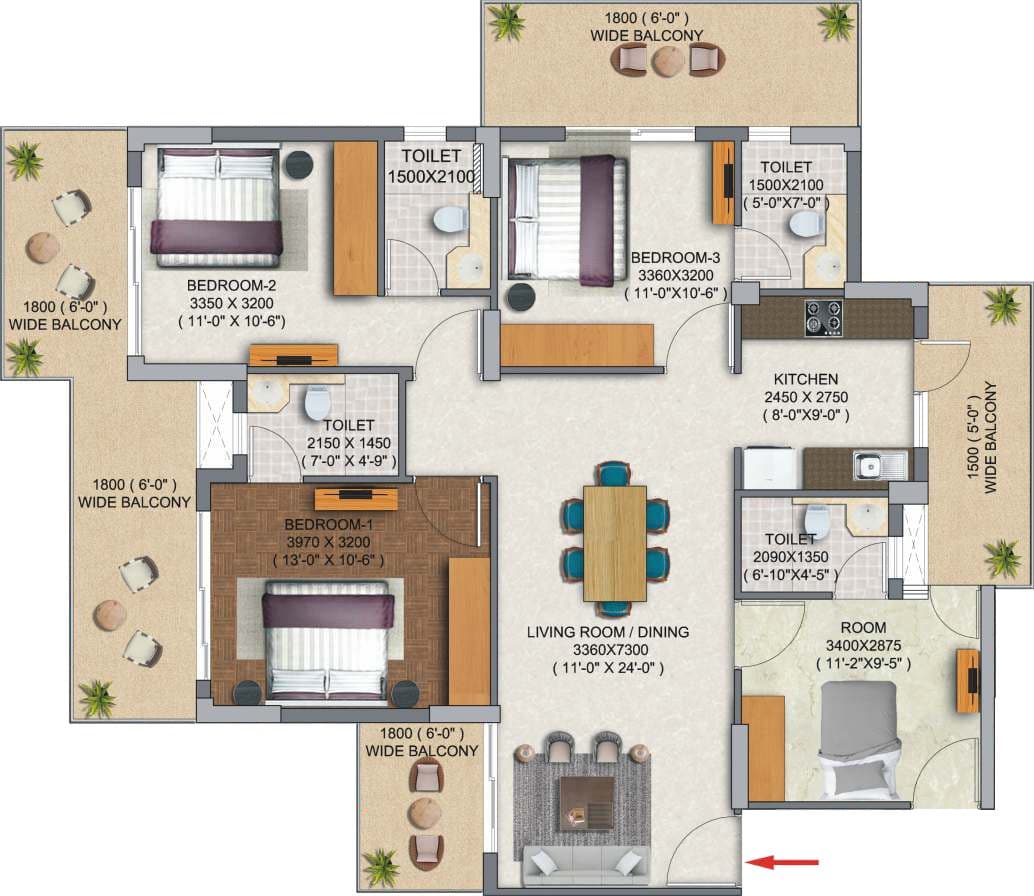 3 BHK floor plan variation 1