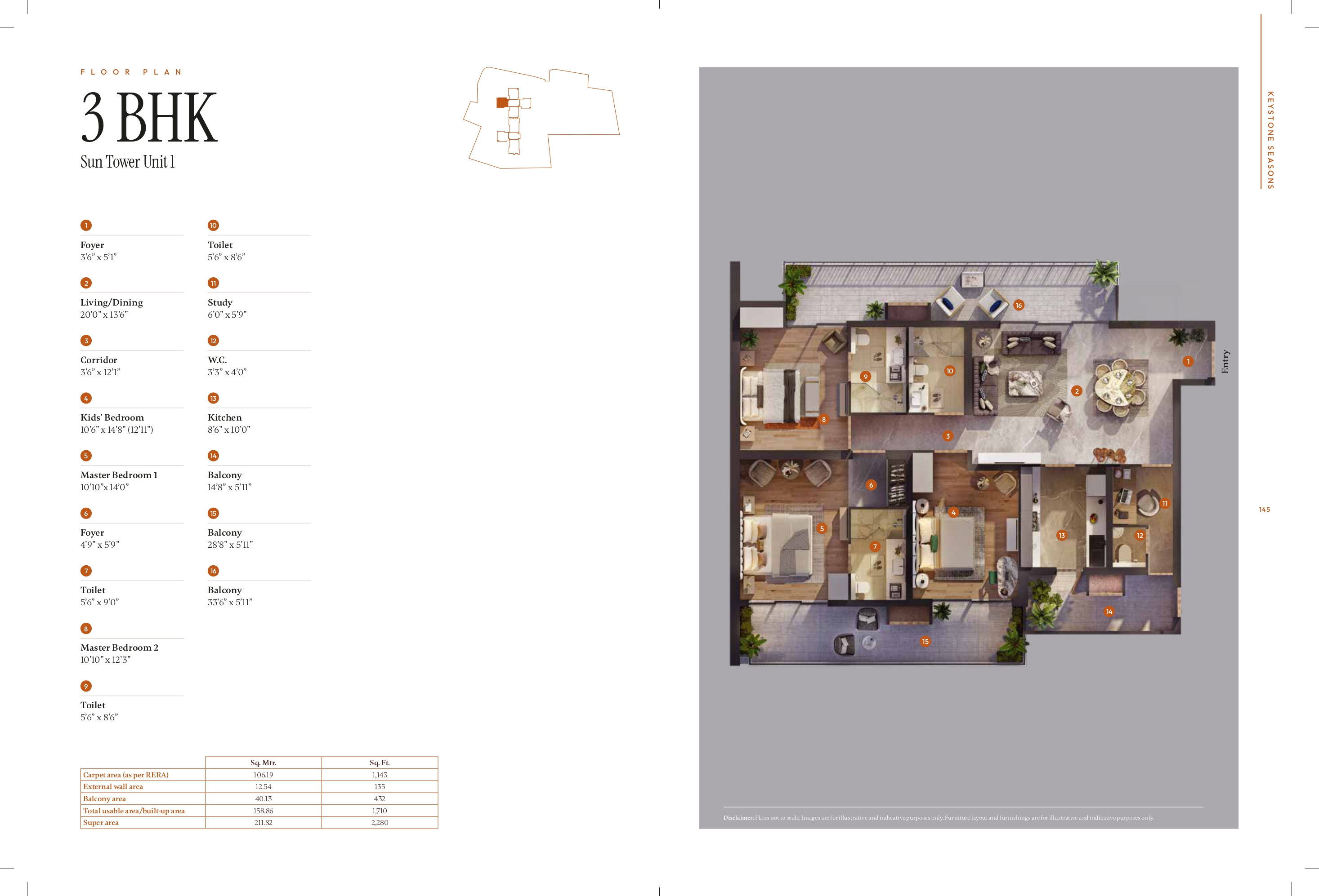 3 BHK floor plan variation 1