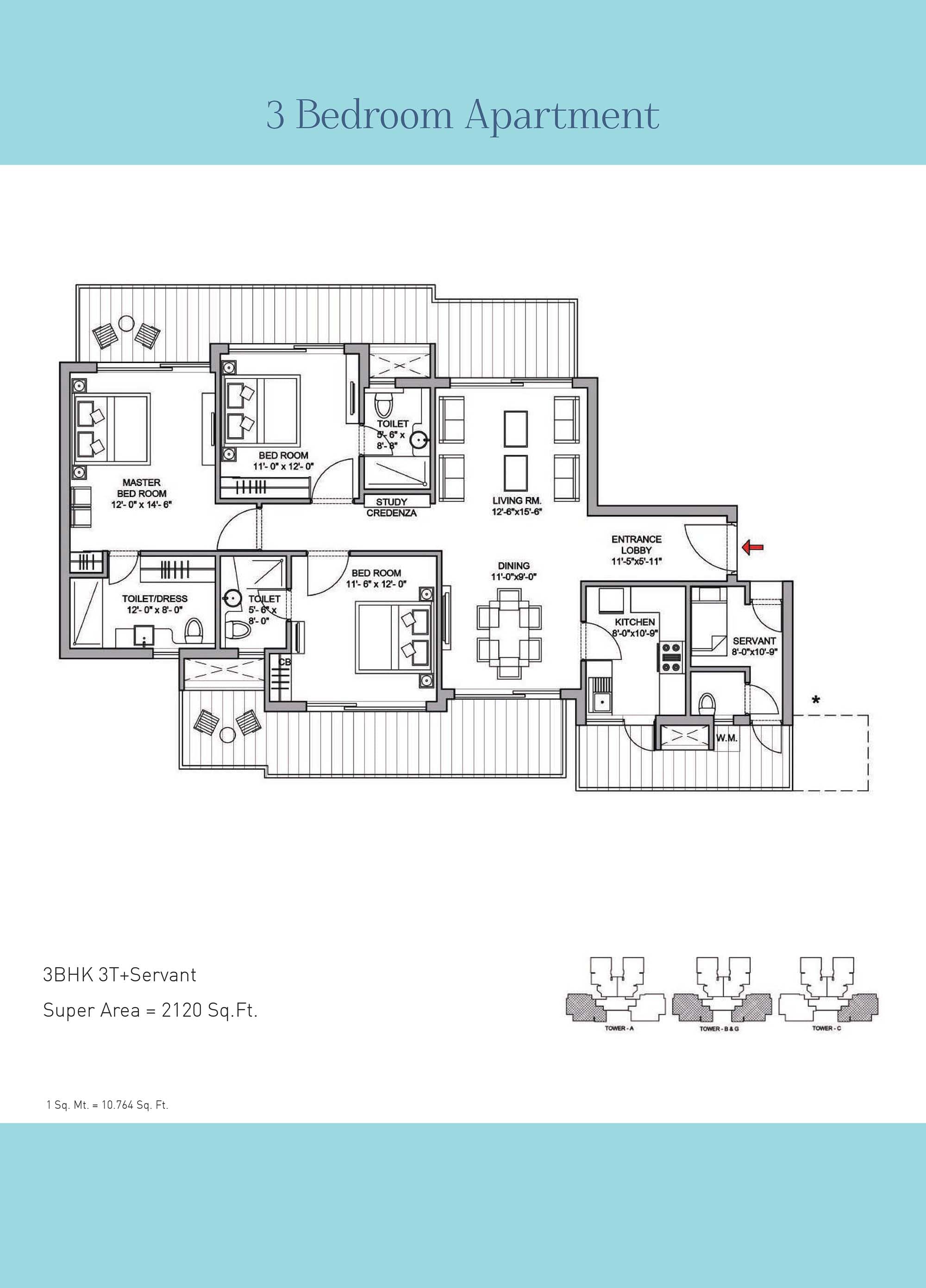 3 BHK floor plan variation 3