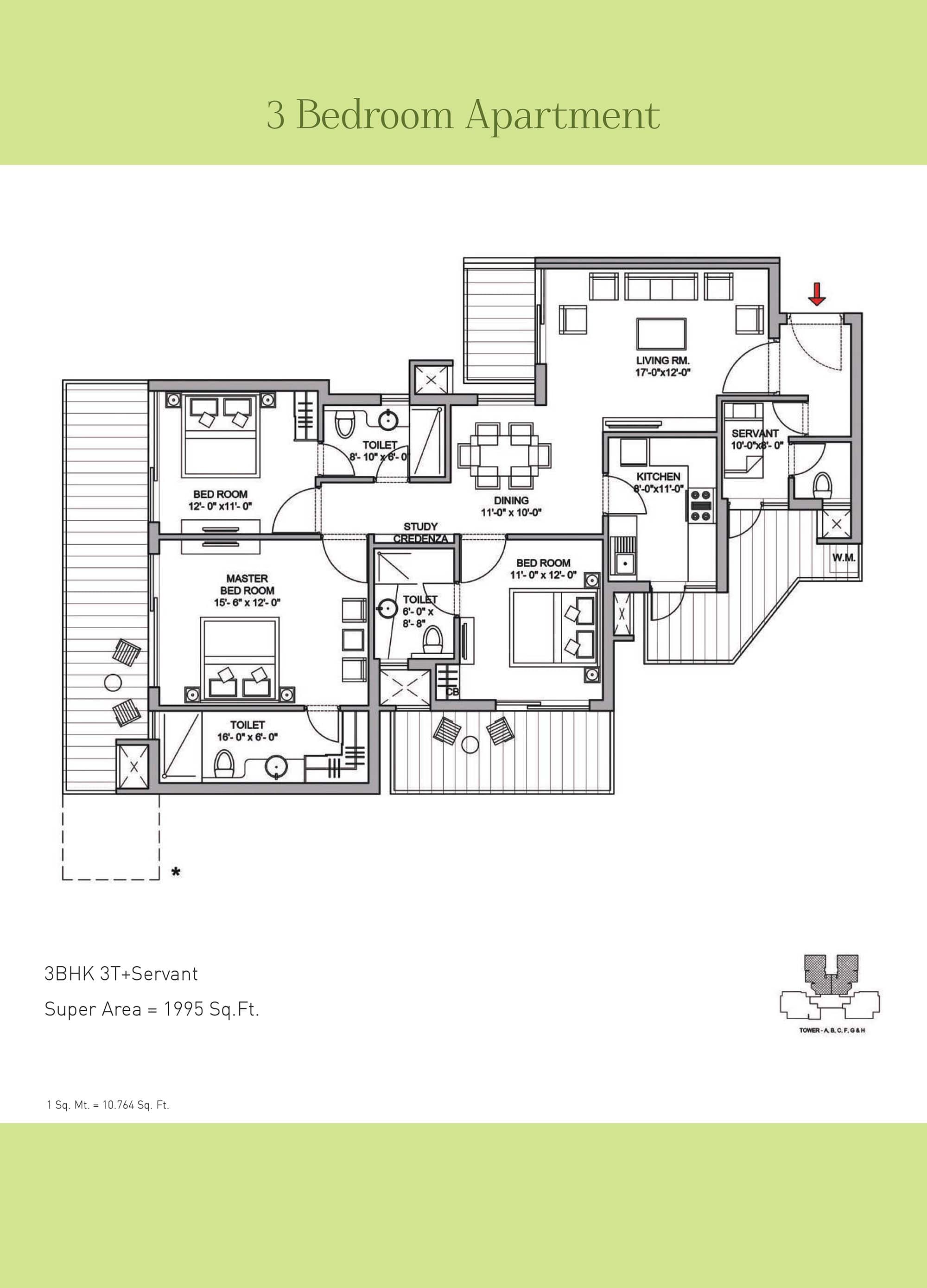 3 BHK floor plan variation 2