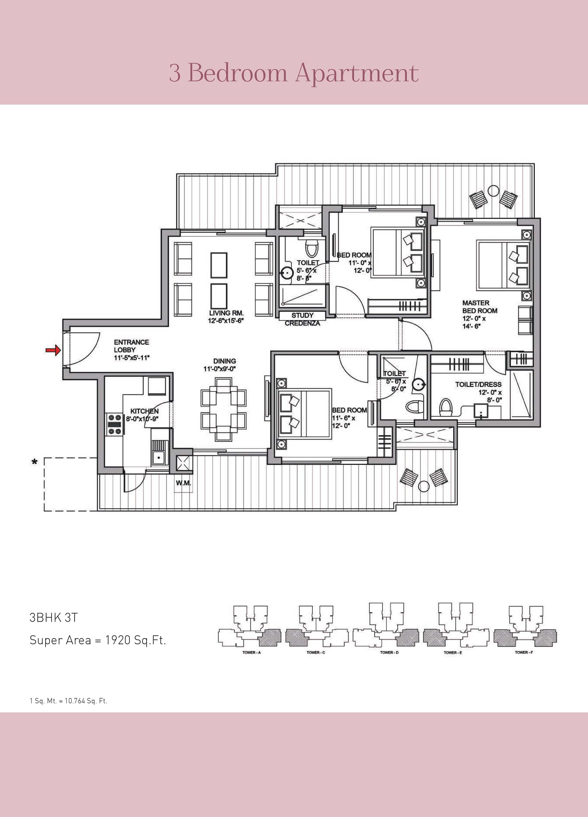 3 BHK floor plan variation 1