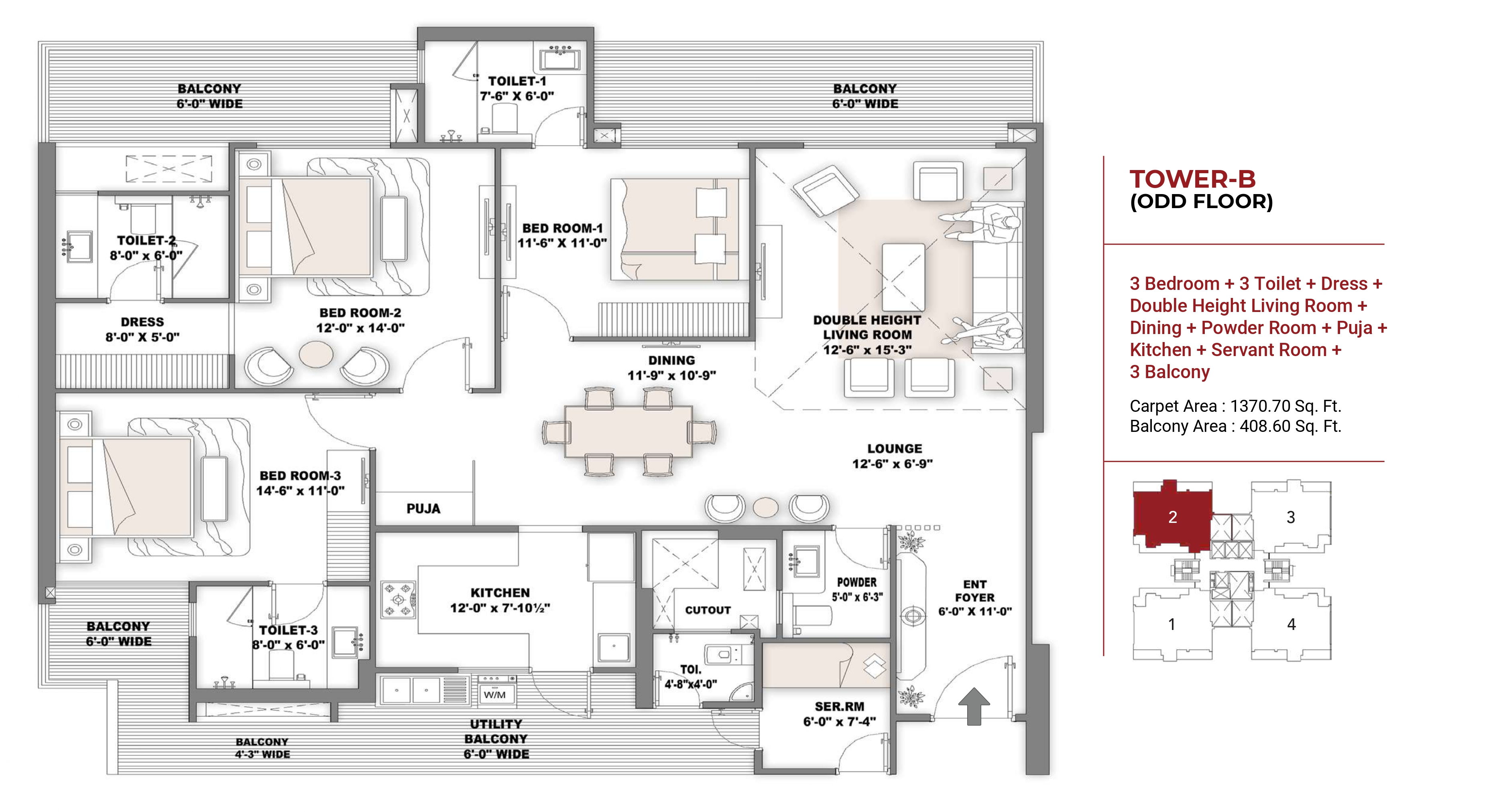 3 BHK floor plan variation 1