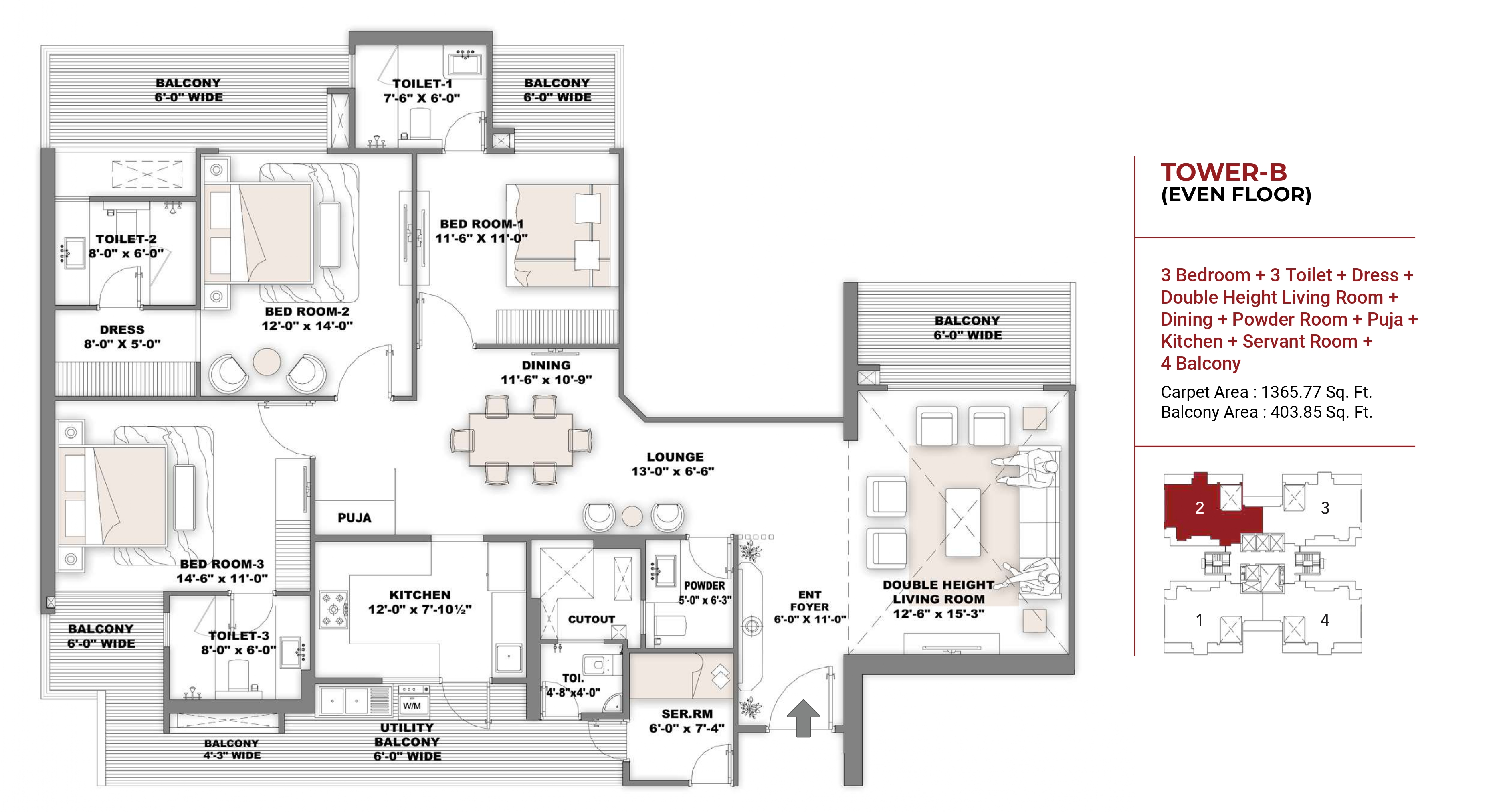 3 BHK floor plan variation 2