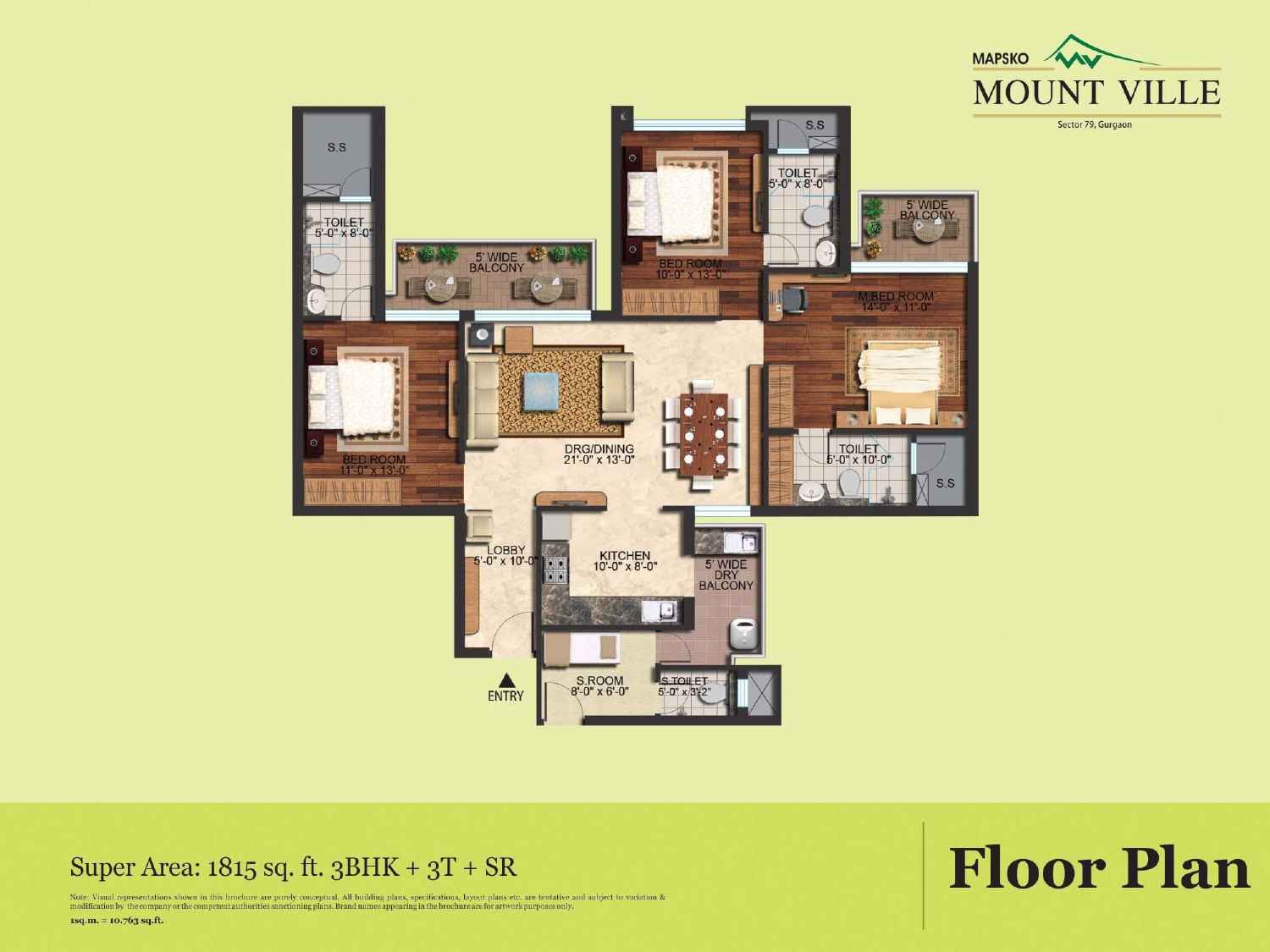3 BHK floor plan variation 4