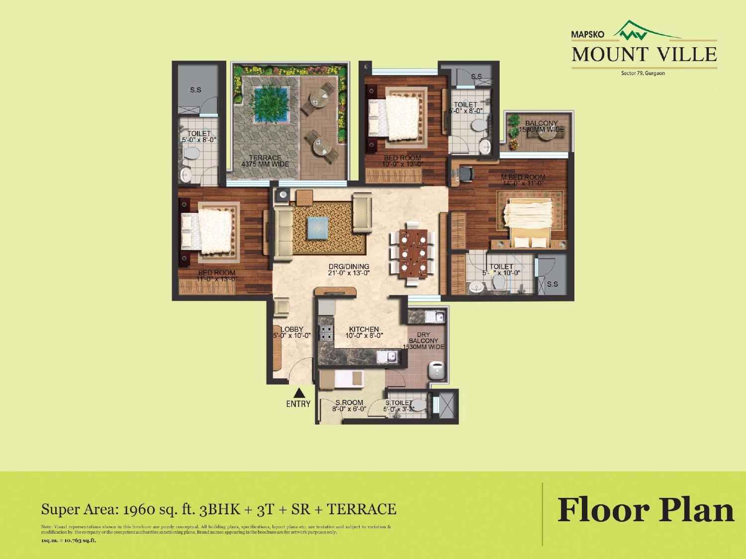 3 BHK floor plan variation 5