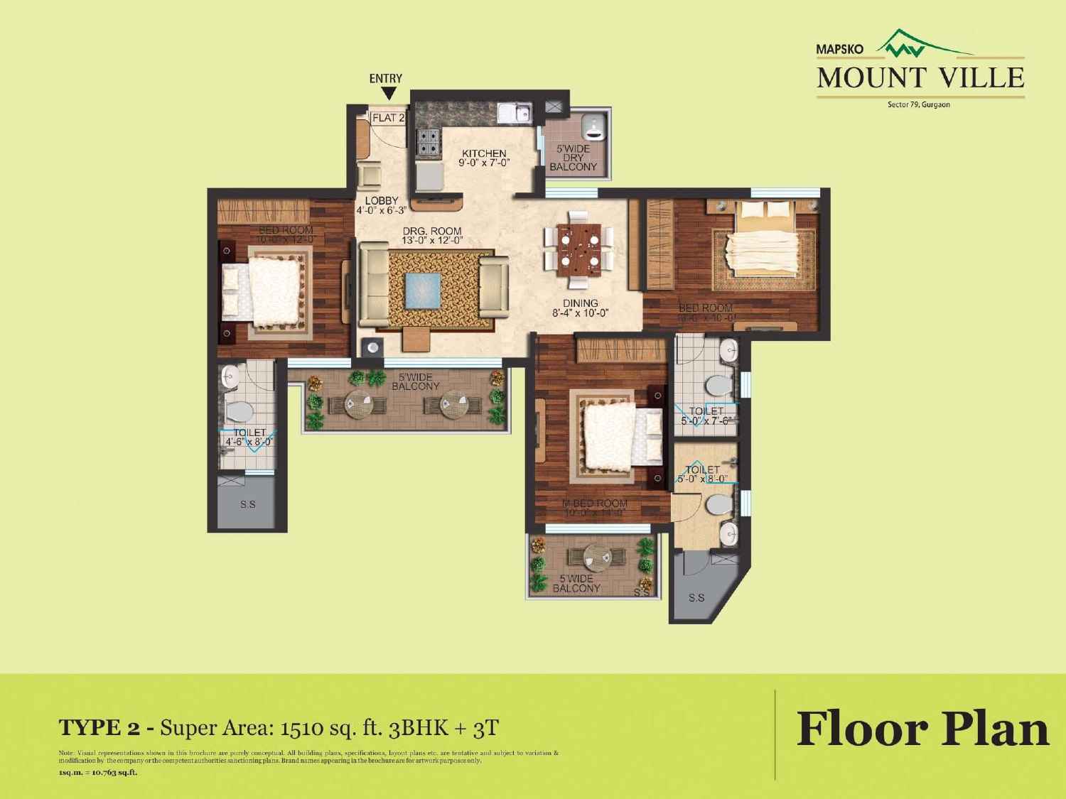3 BHK floor plan variation 3