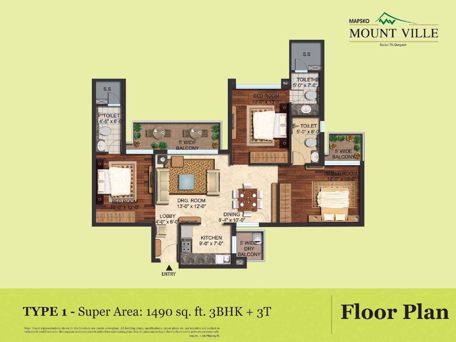 3 BHK floor plan variation 1