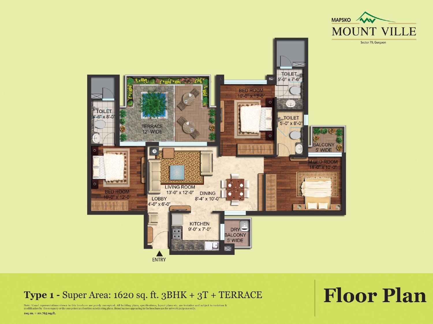 3 BHK floor plan variation 2