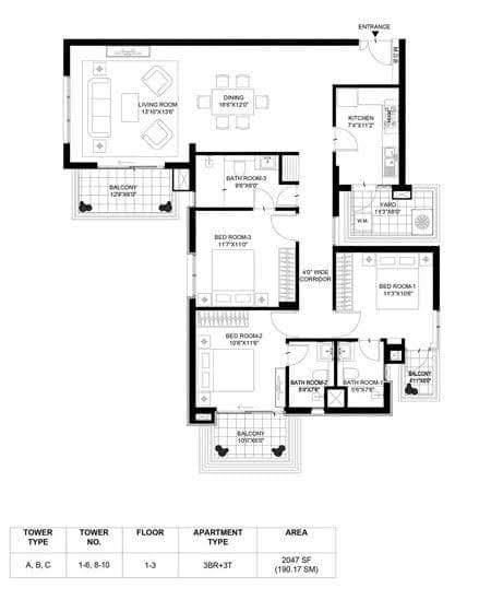 3 BHK floor plan variation 5
