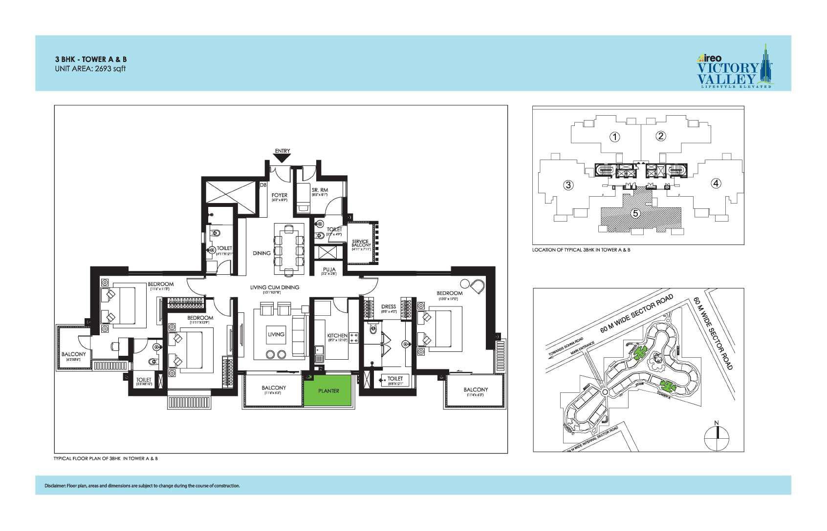 3 BHK floor plan variation 3