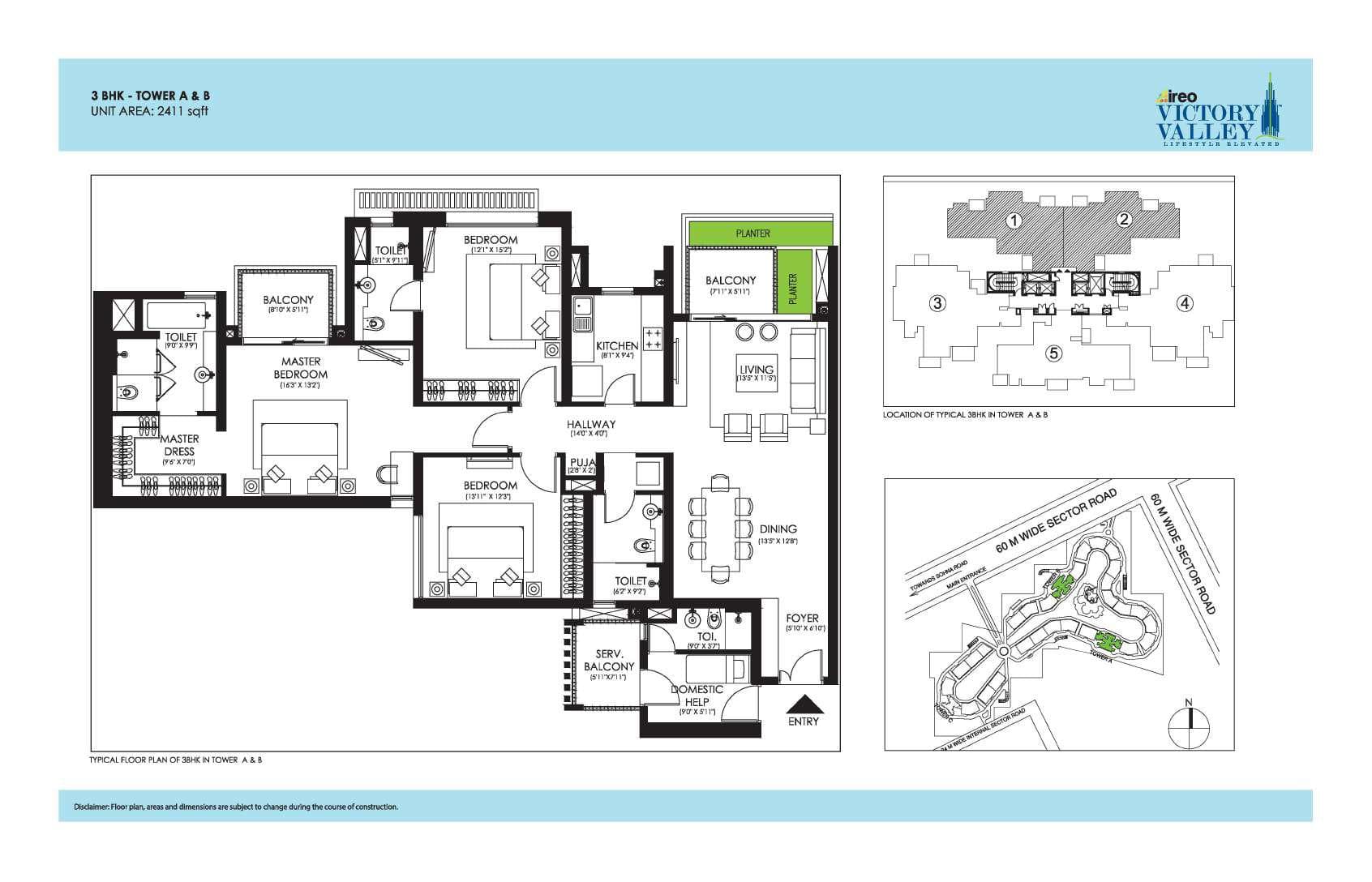 3 BHK floor plan variation 2
