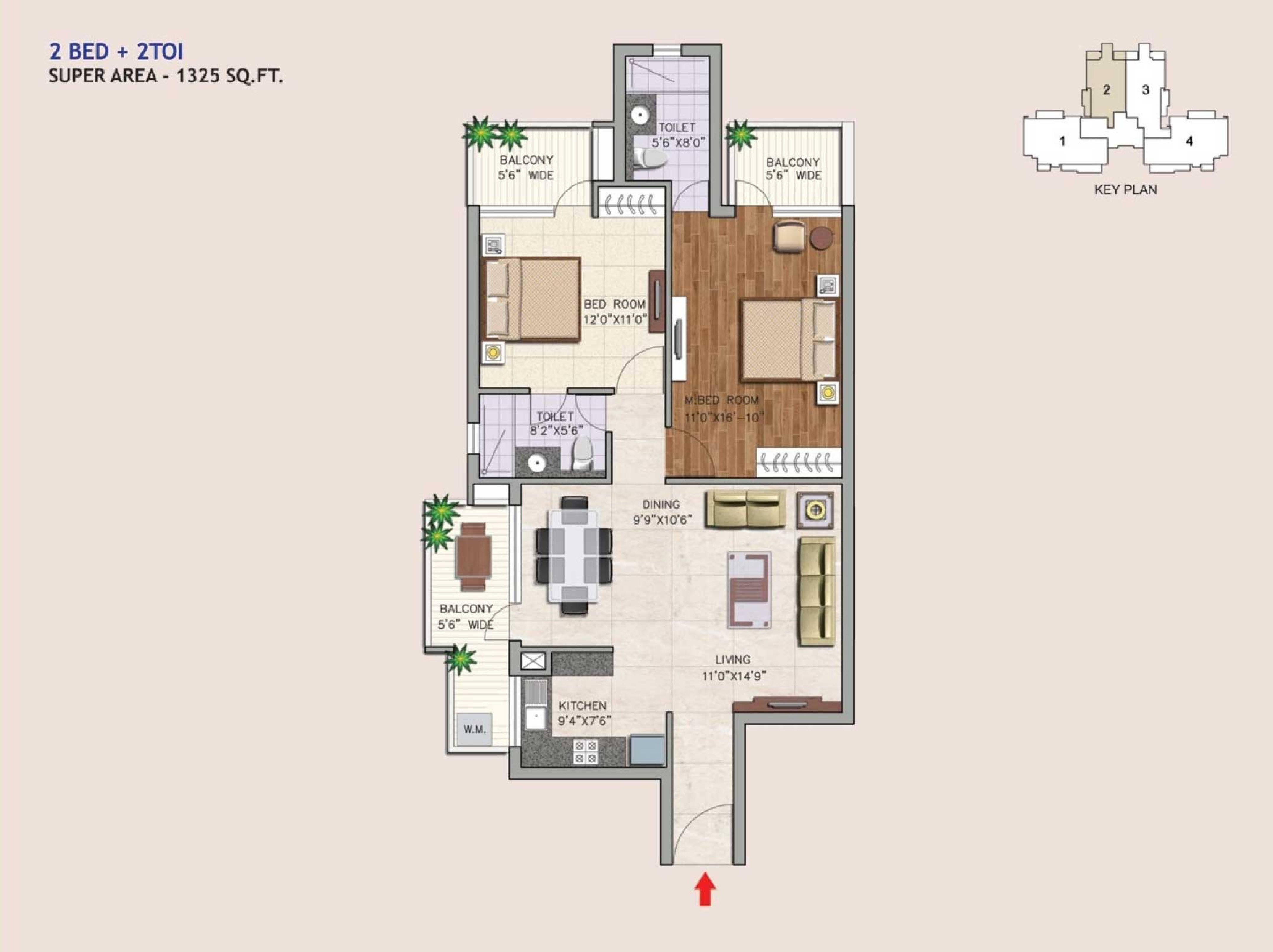 2 BHK floor plan variation 1