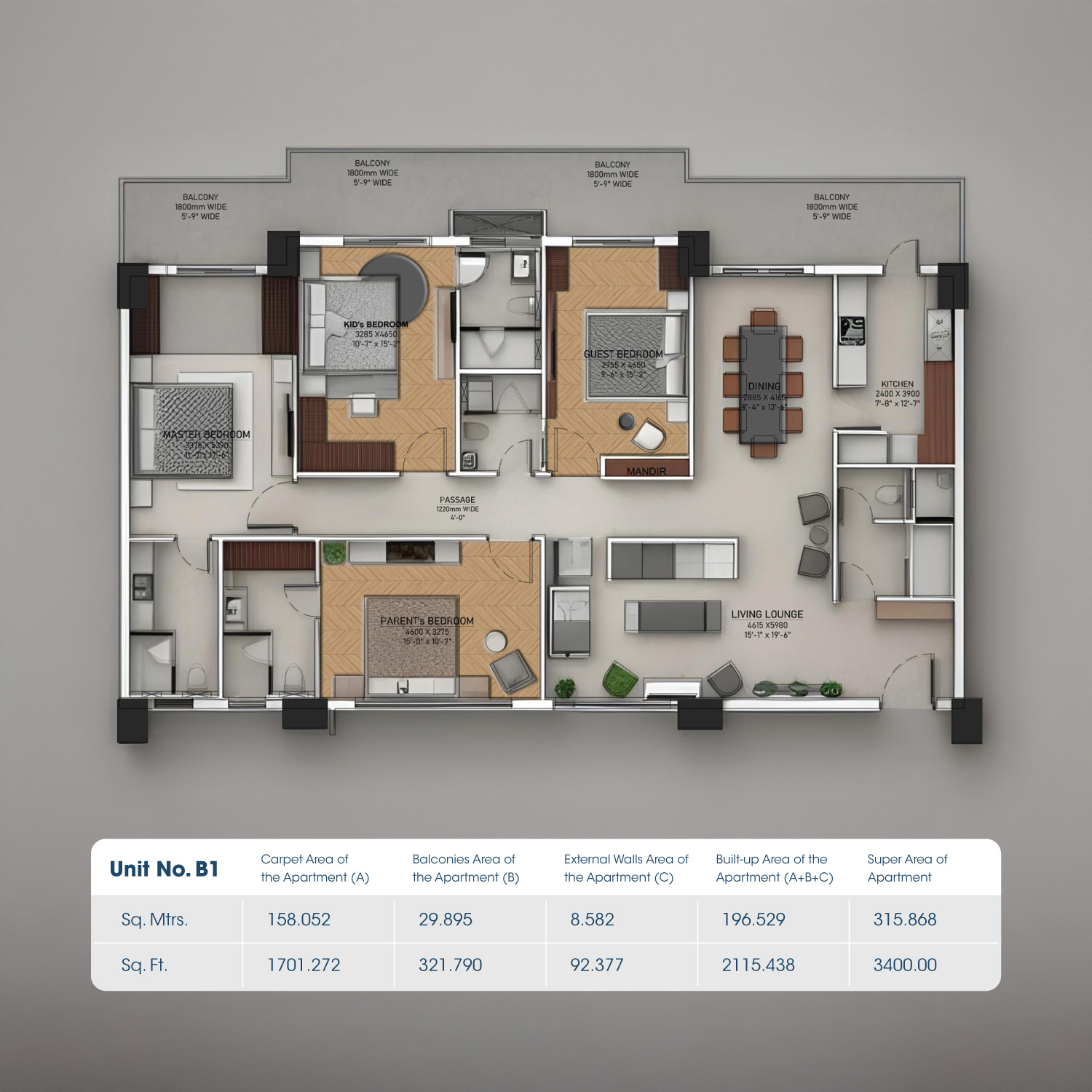 4 BHK floor plan variation 4