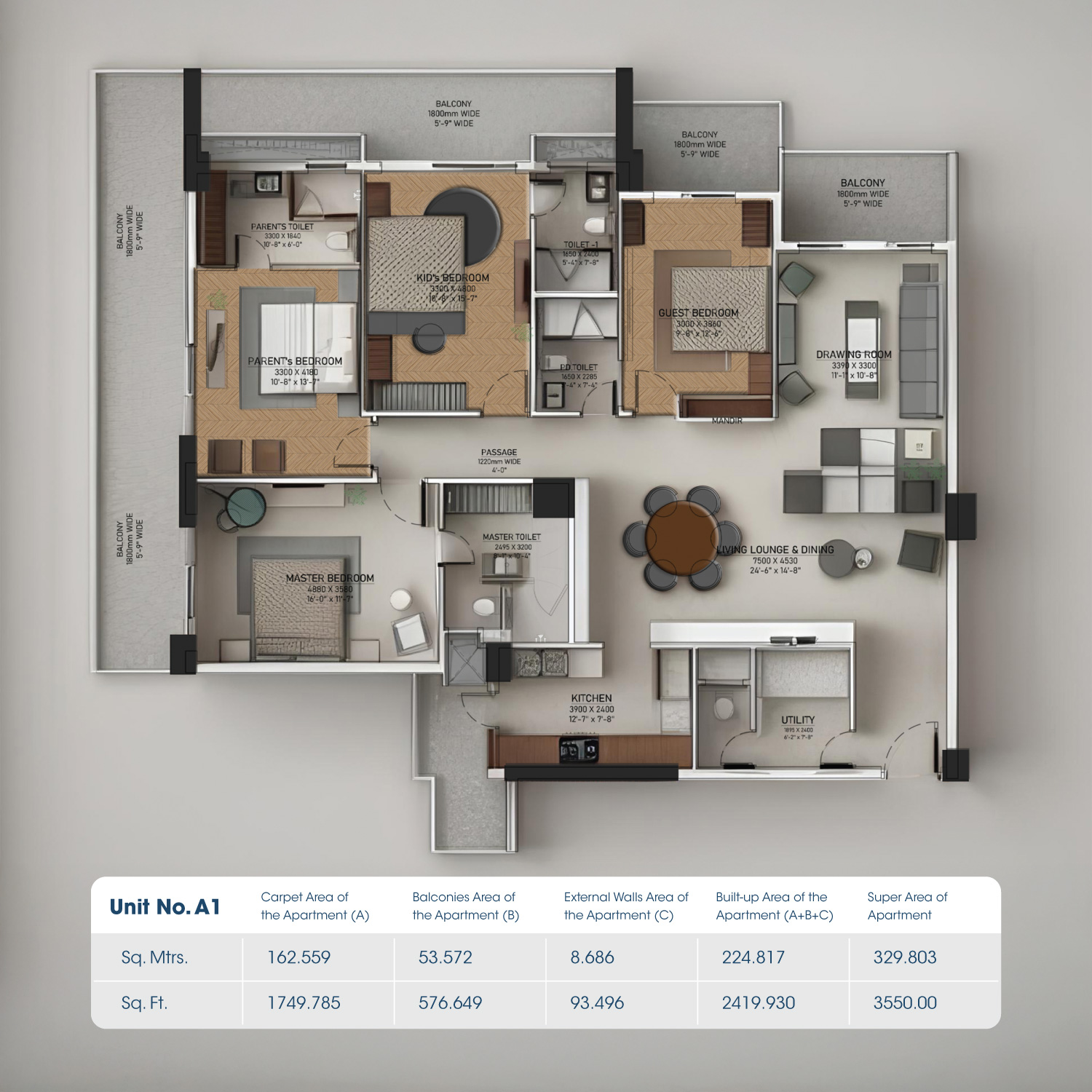 4 BHK floor plan variation 1
