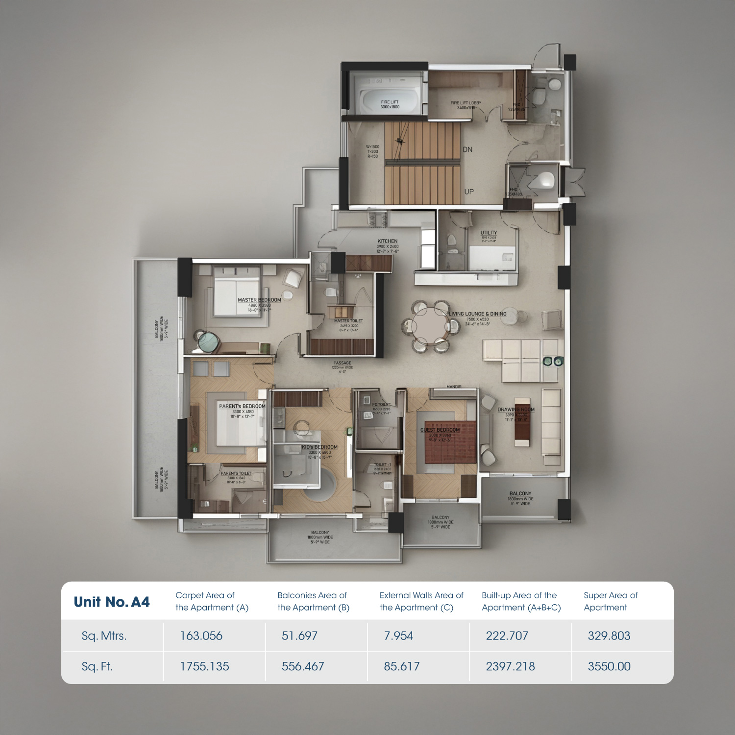 4 BHK floor plan variation 3