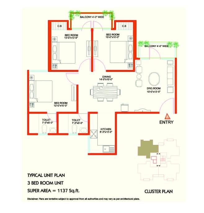3 BHK floor plan variation 2