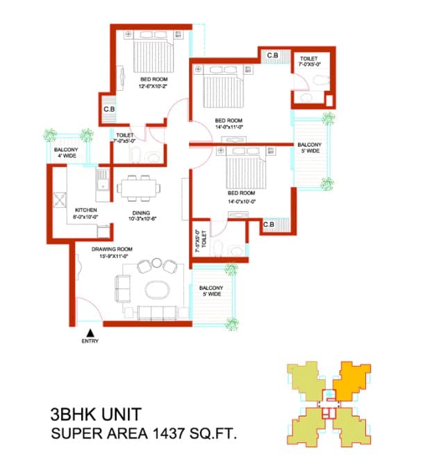 3 BHK floor plan variation 1