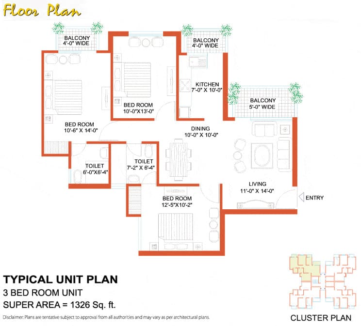 3 BHK floor plan variation 1