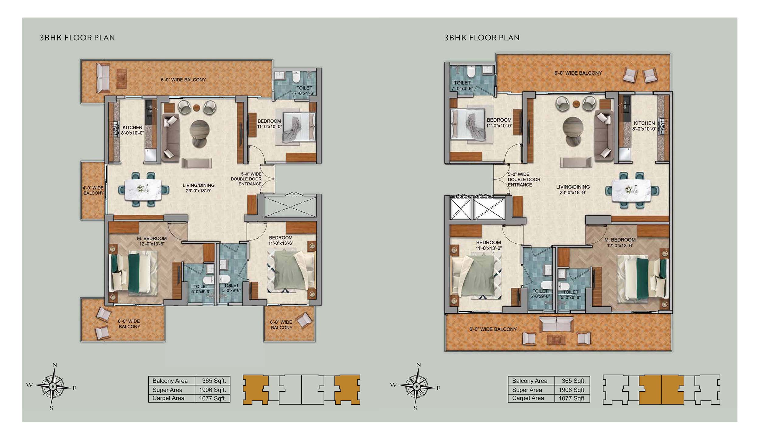 3 BHK floor plan variation 1