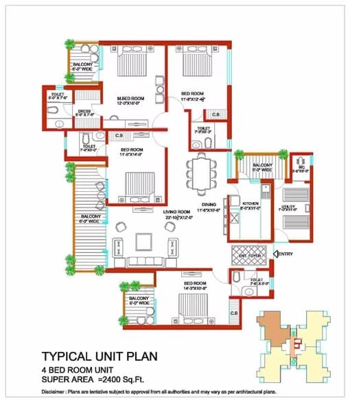 4 BHK floor plan variation 1