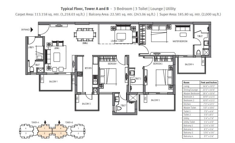 3 BHK floor plan variation 1