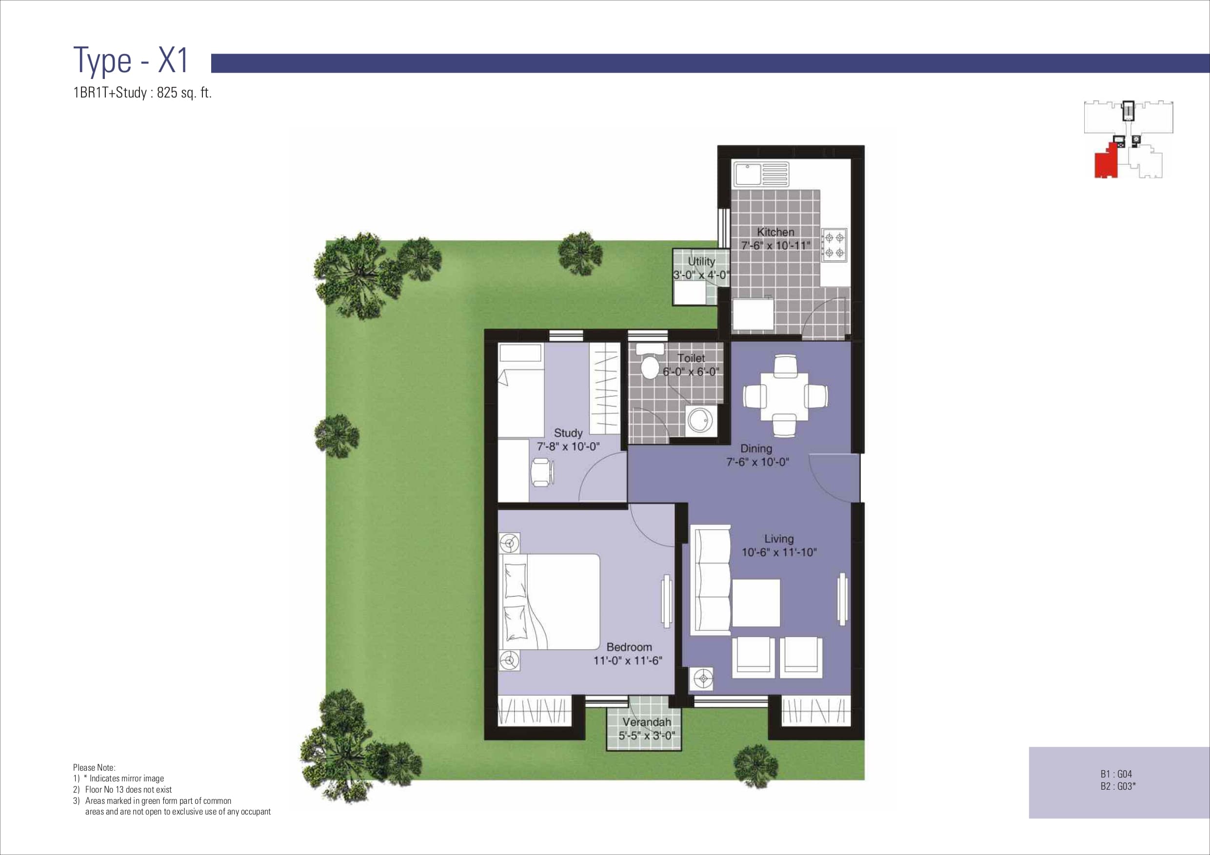 1BHK floor plan variation 1