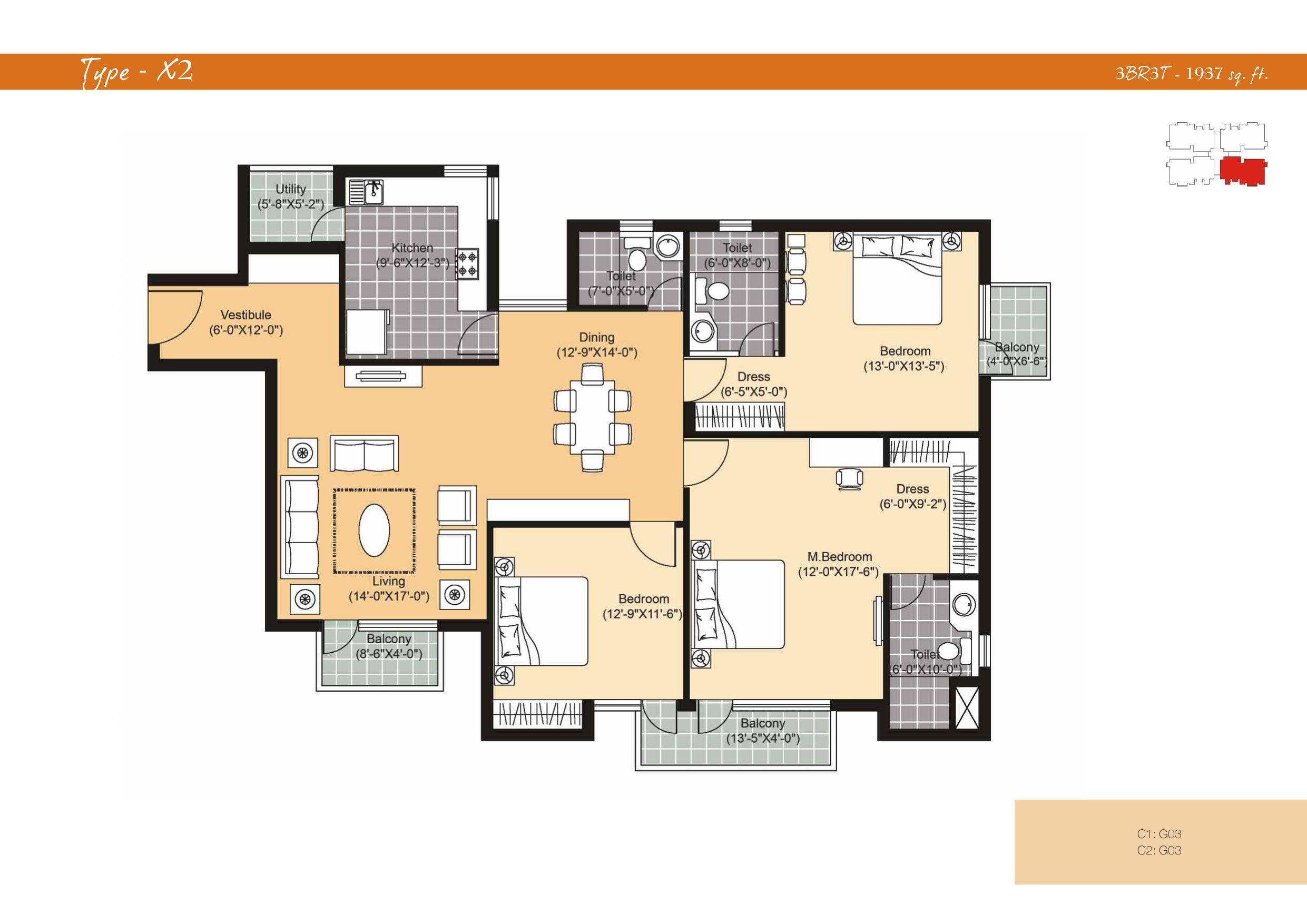 3 BHK floor plan variation 1