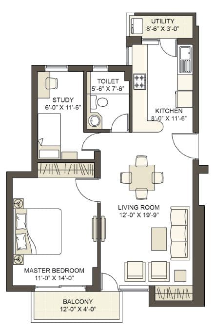 1BHK floor plan variation 1