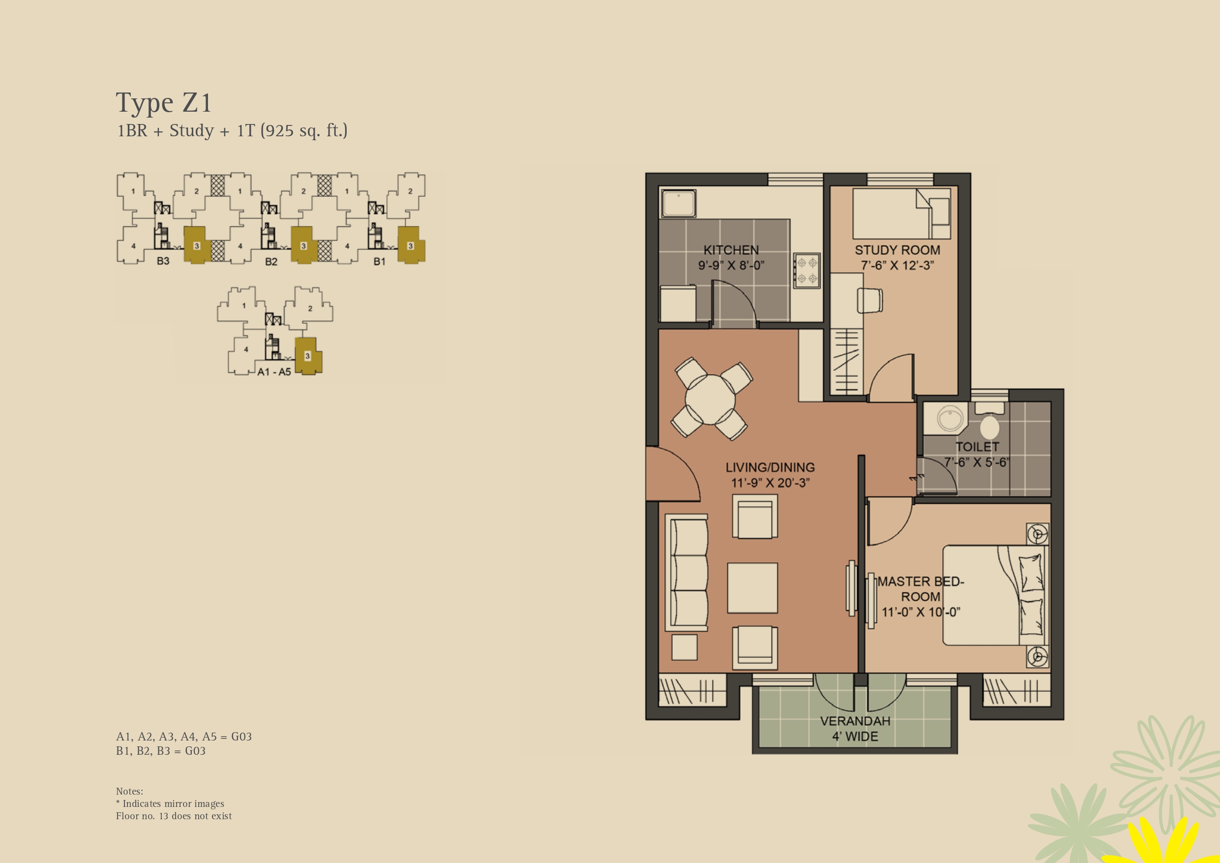 1BHK floor plan variation 1