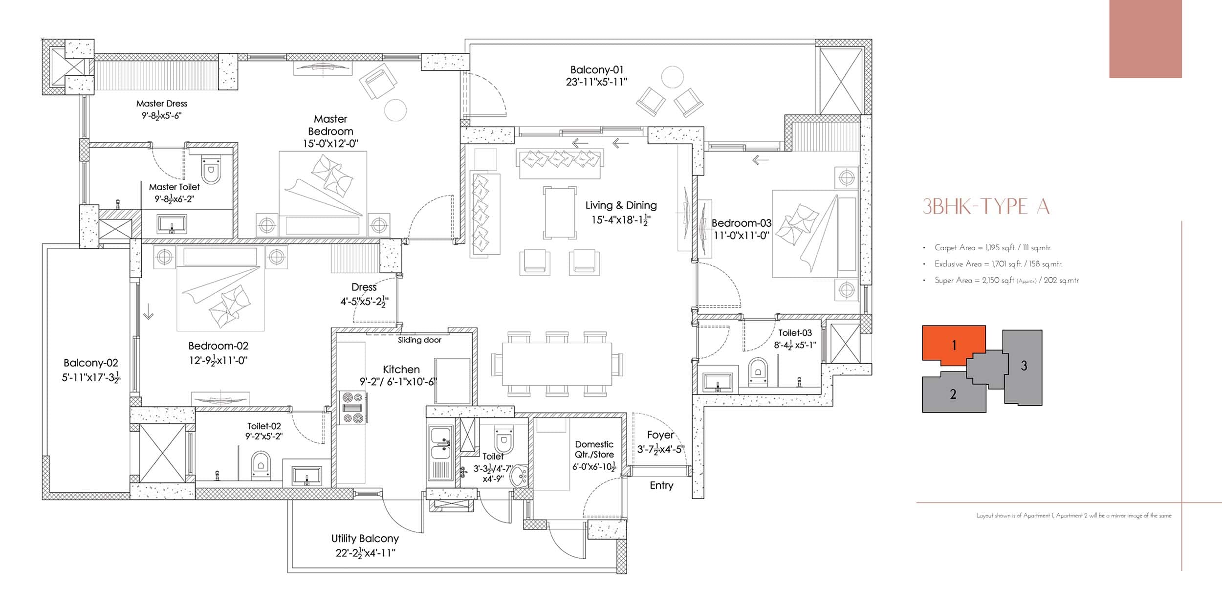 3 BHK floor plan variation 1