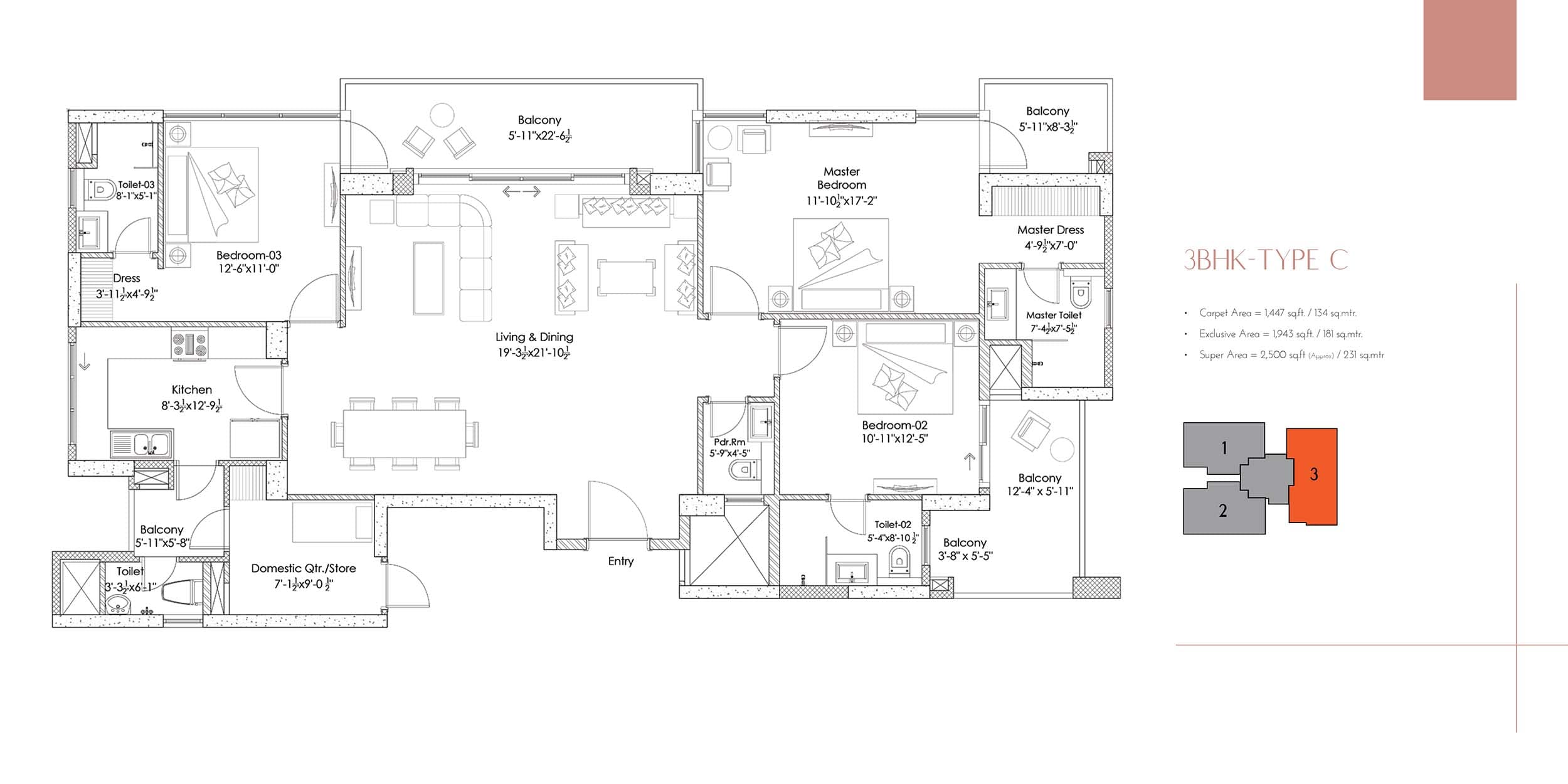 3 BHK floor plan variation 3
