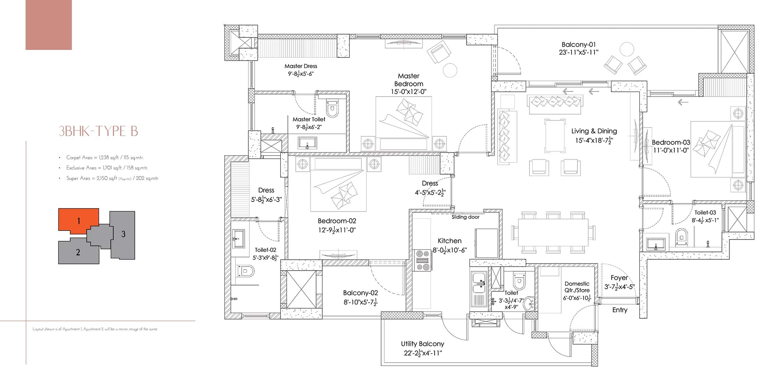 3 BHK floor plan variation 2