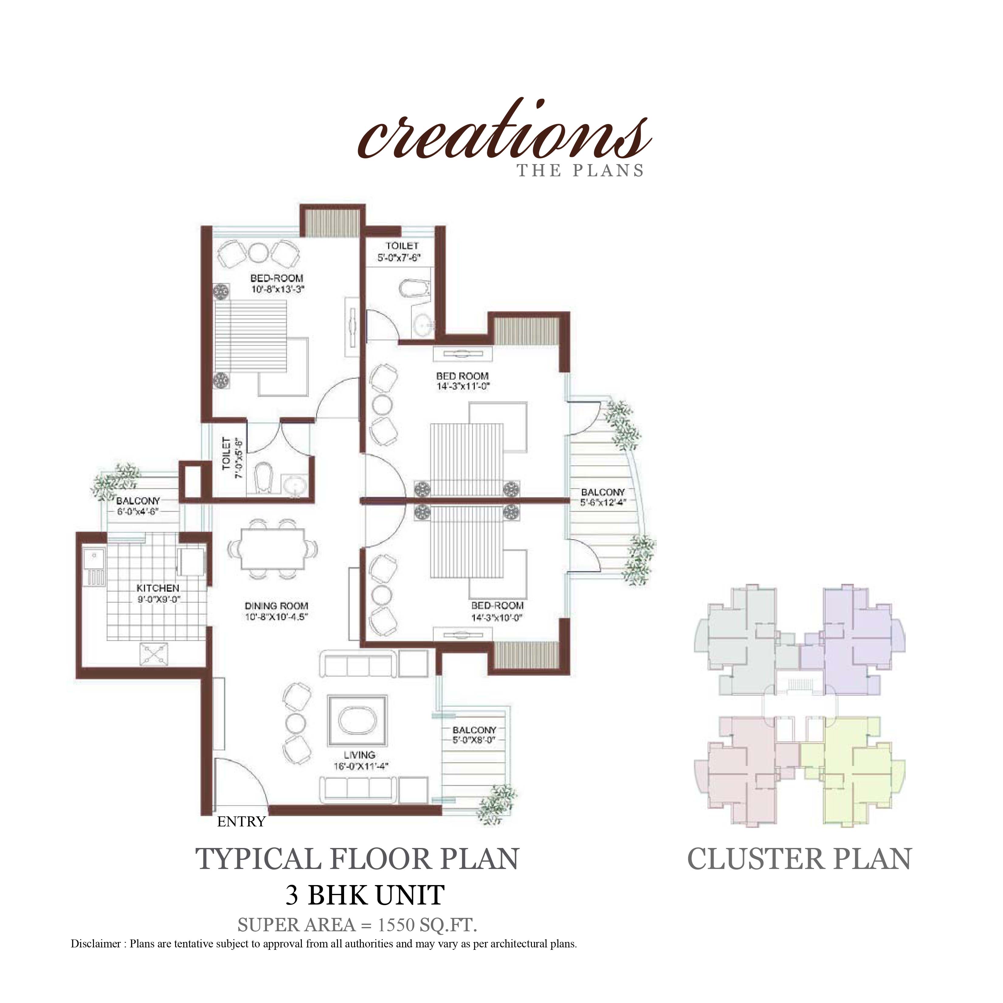 3 BHK floor plan variation 1