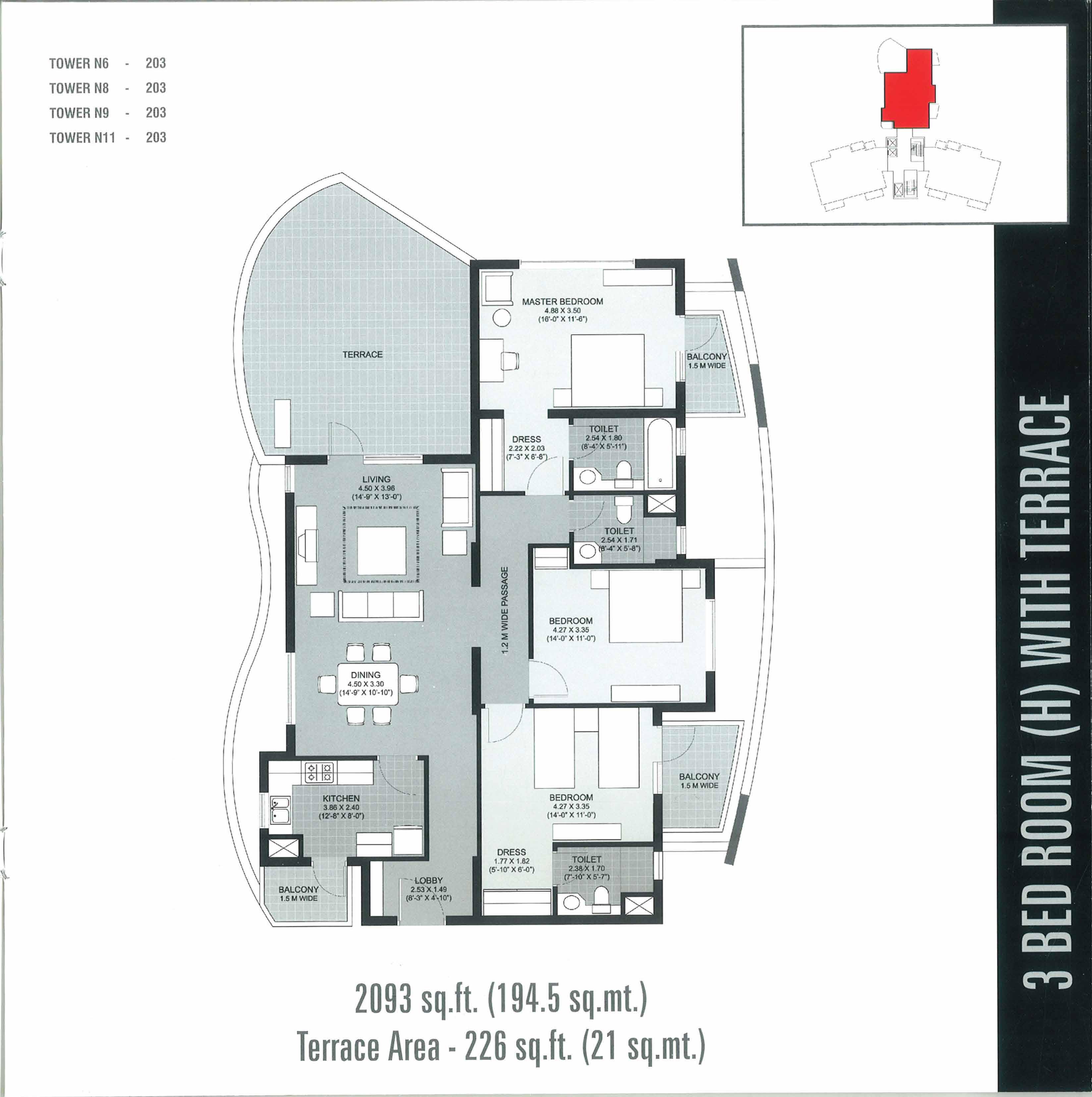 3 BHK floor plan variation 4