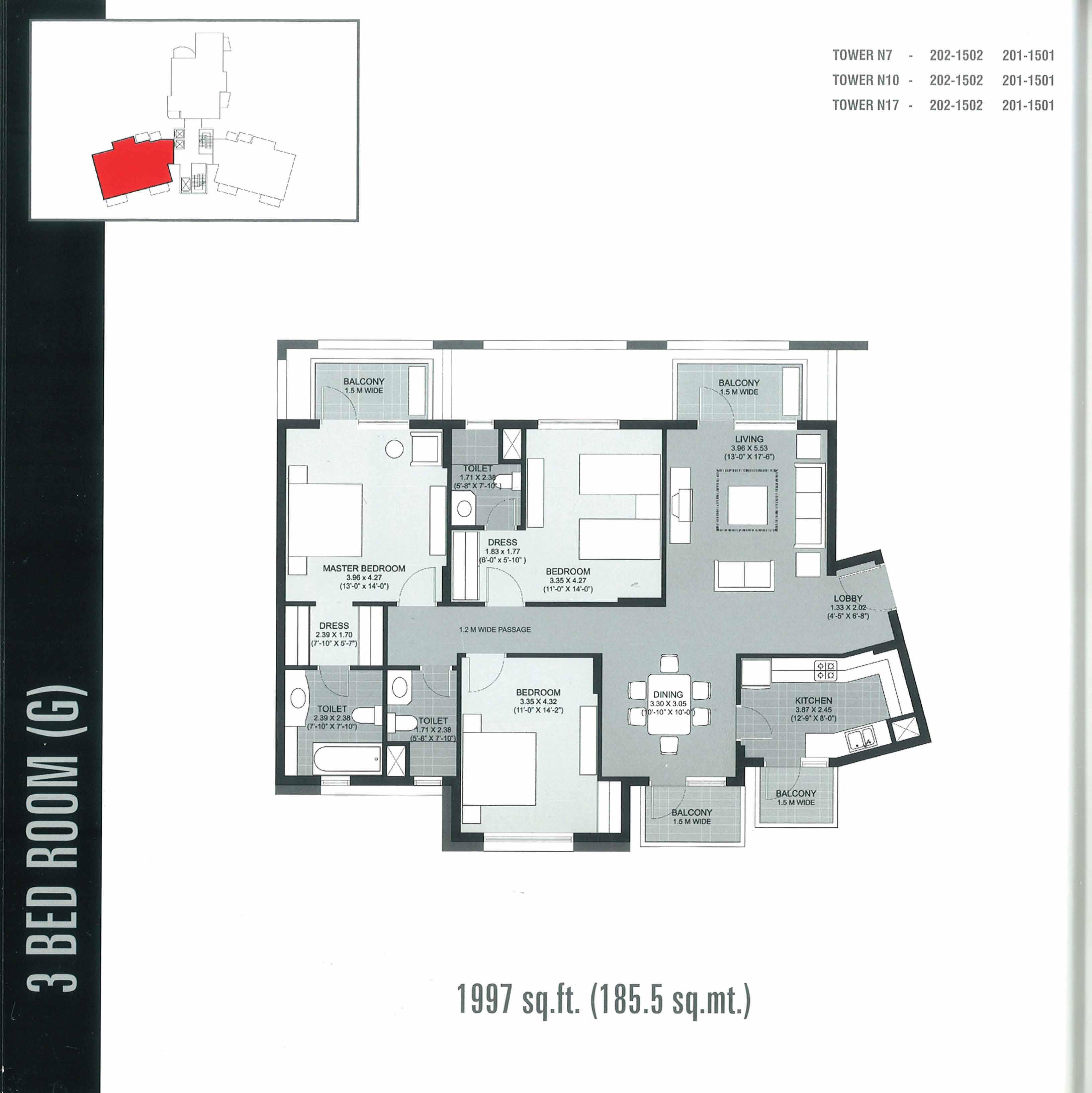 3 BHK floor plan variation 1