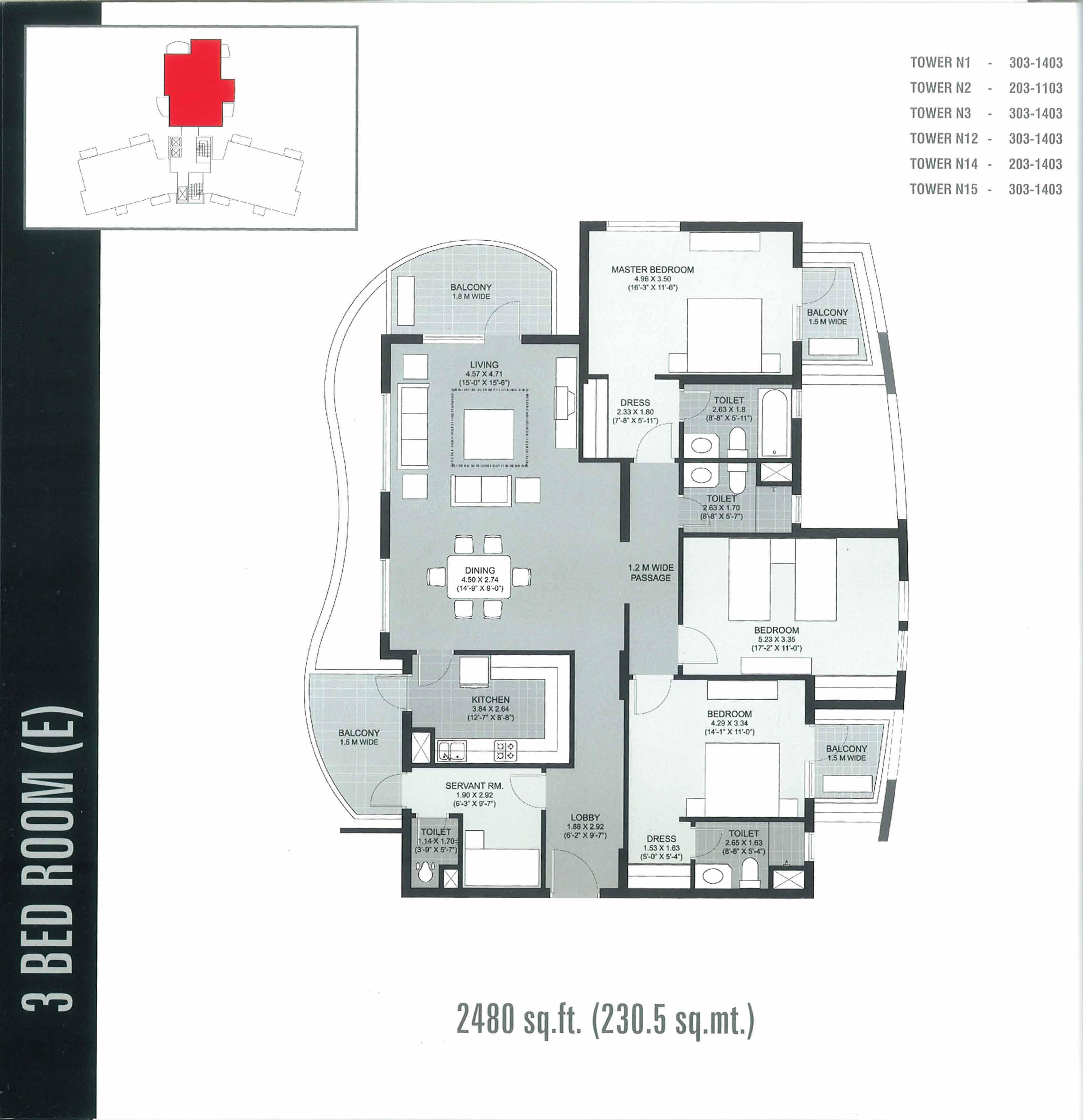3 BHK floor plan variation 3