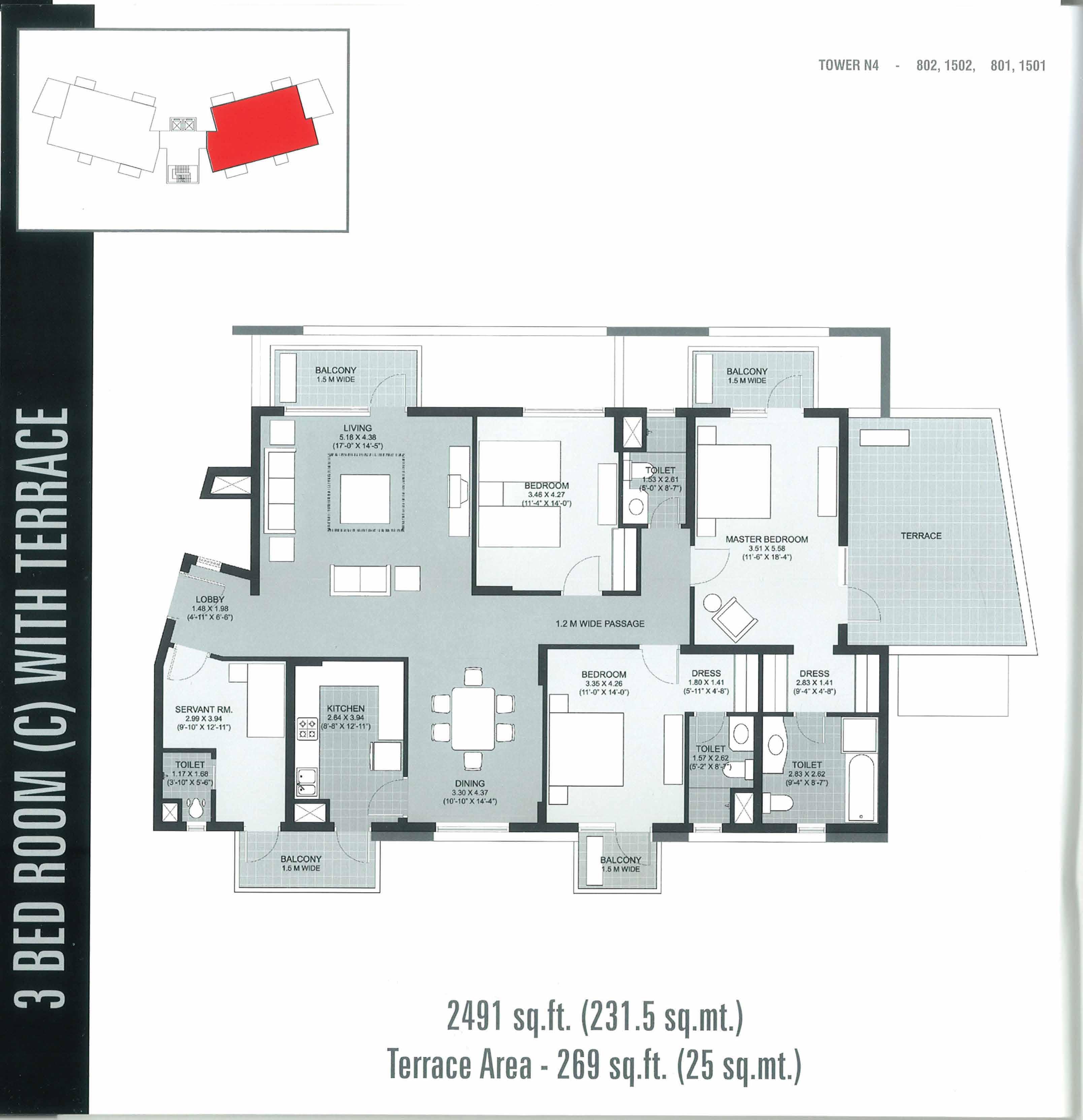 3 BHK floor plan variation 5