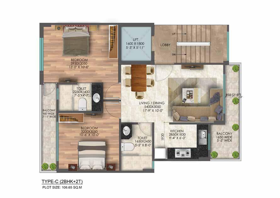 2 BHK floor plan variation 1