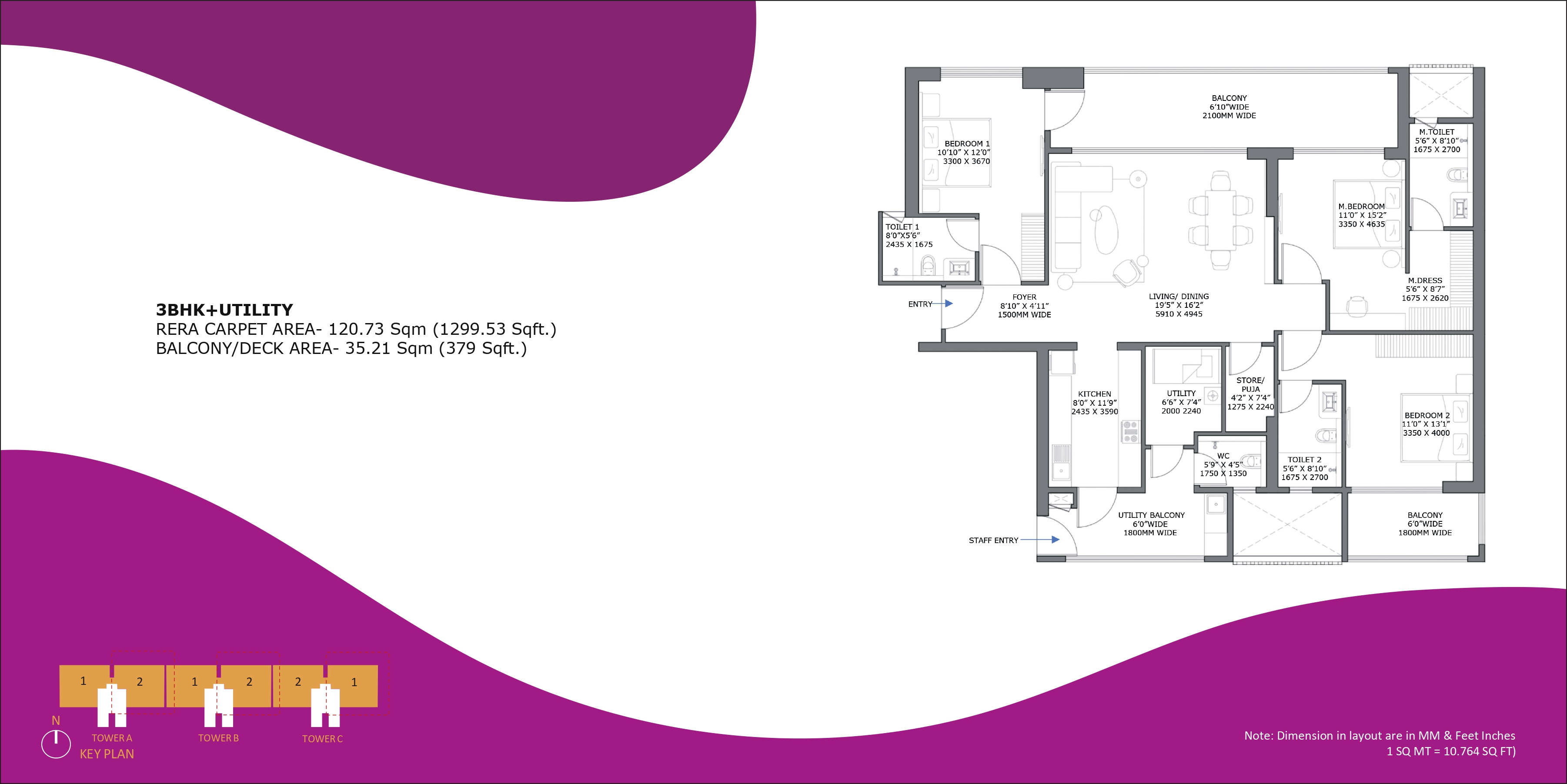 3 BHK floor plan variation 2