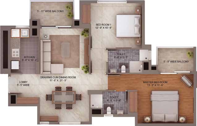2 BHK floor plan variation 1