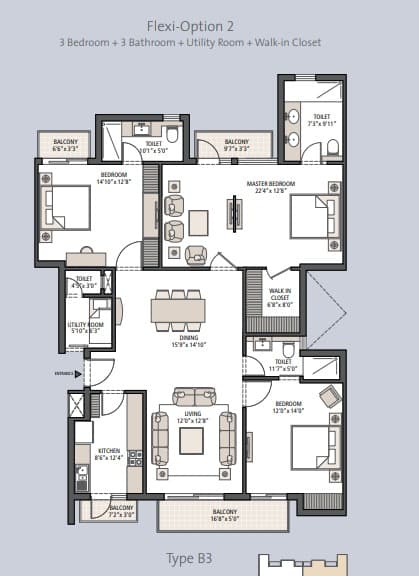 3 BHK floor plan variation 4