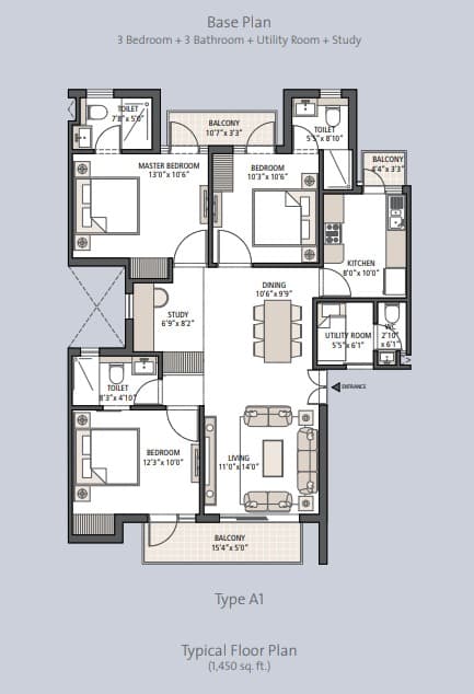3 BHK floor plan variation 1