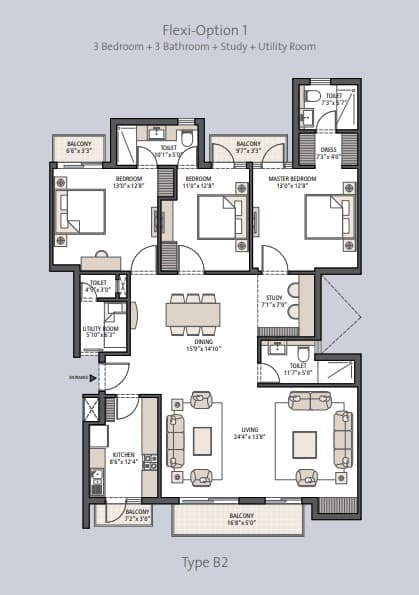 3 BHK floor plan variation 3